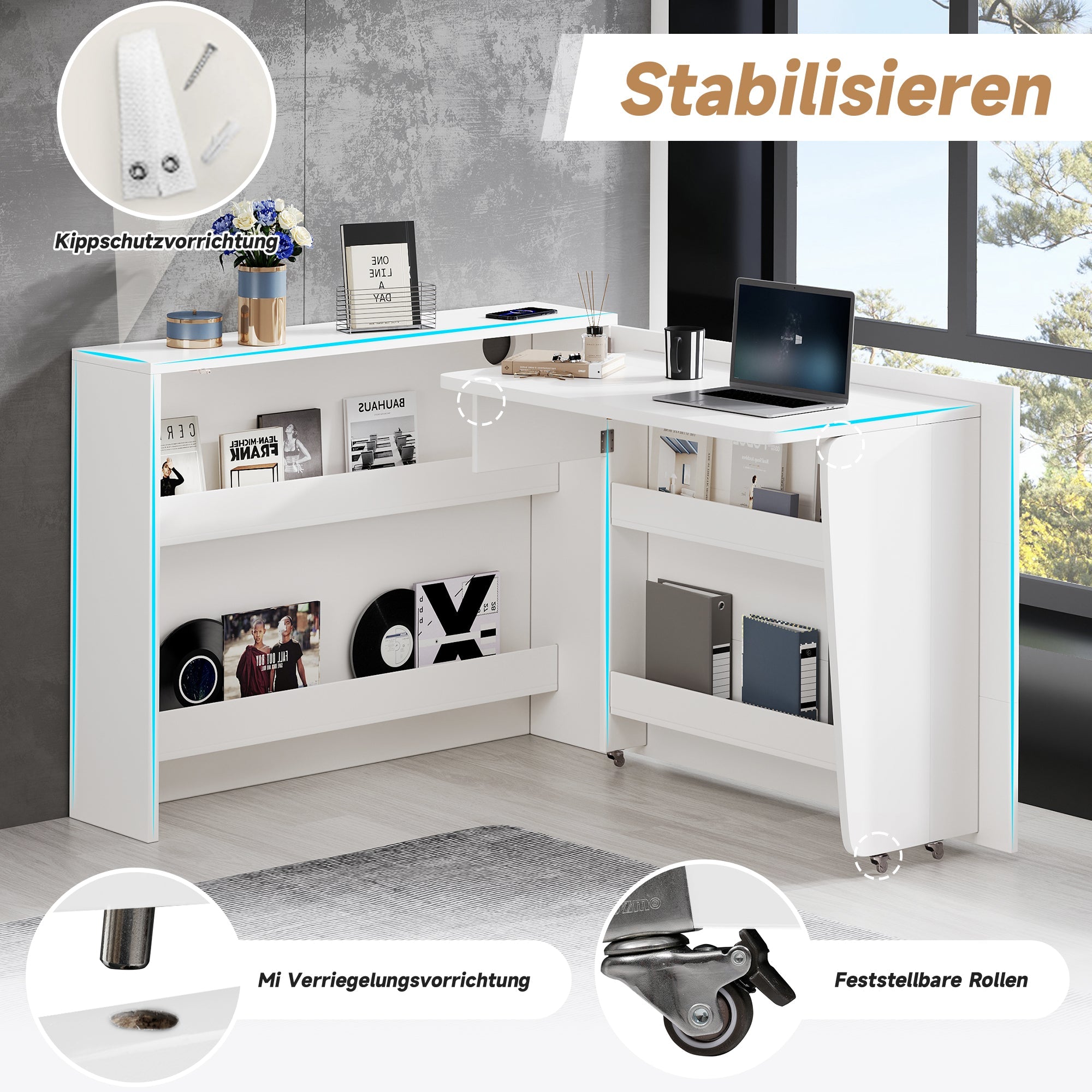 Logidon Opvouwbaar Bureau met Wielen en Draadloze Oplader Wit