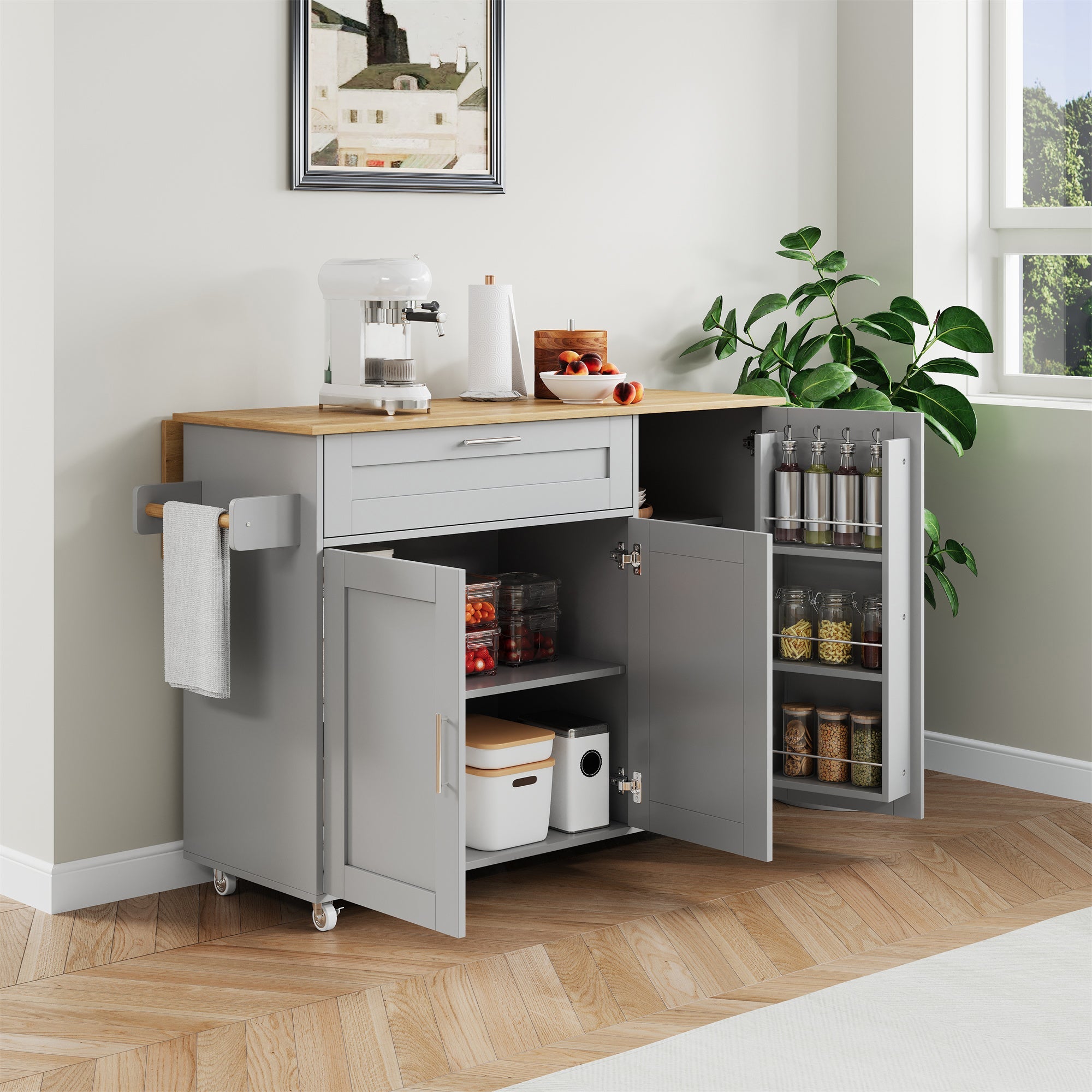 Logidon mobile kitchen table with folding top oak grain