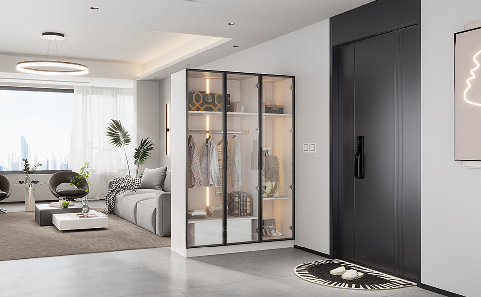 Logidon Witte kledingkast 110x50x160 cm met 3 glazen deuren LED