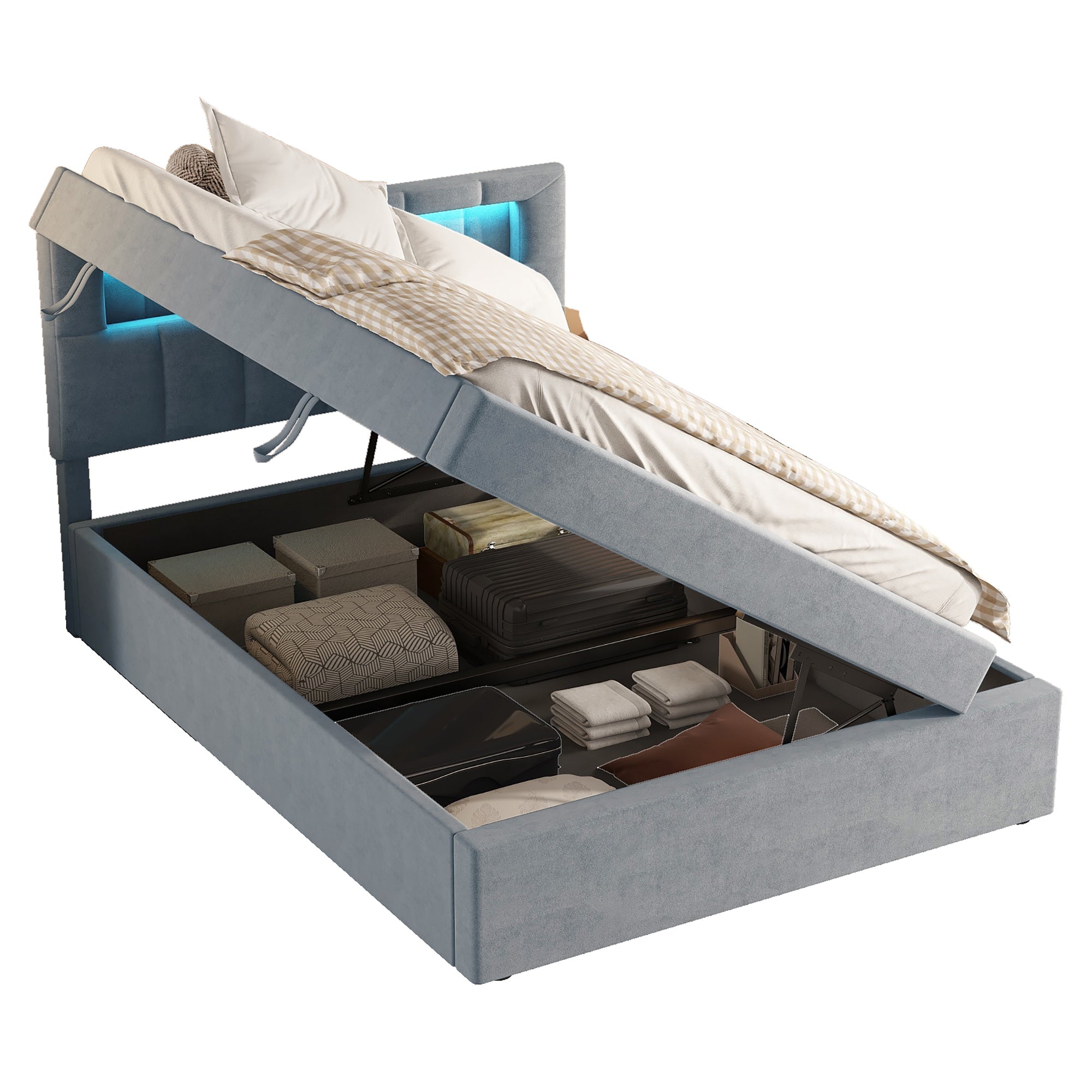 Logidon vlak bed 90x200 fluweelgrijs sfeerlicht hoofdbord