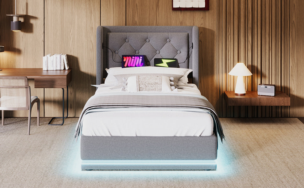 Logidon gestoffeerd bed 90x200 cm grijs met USB-C oplaadfunctie en LED