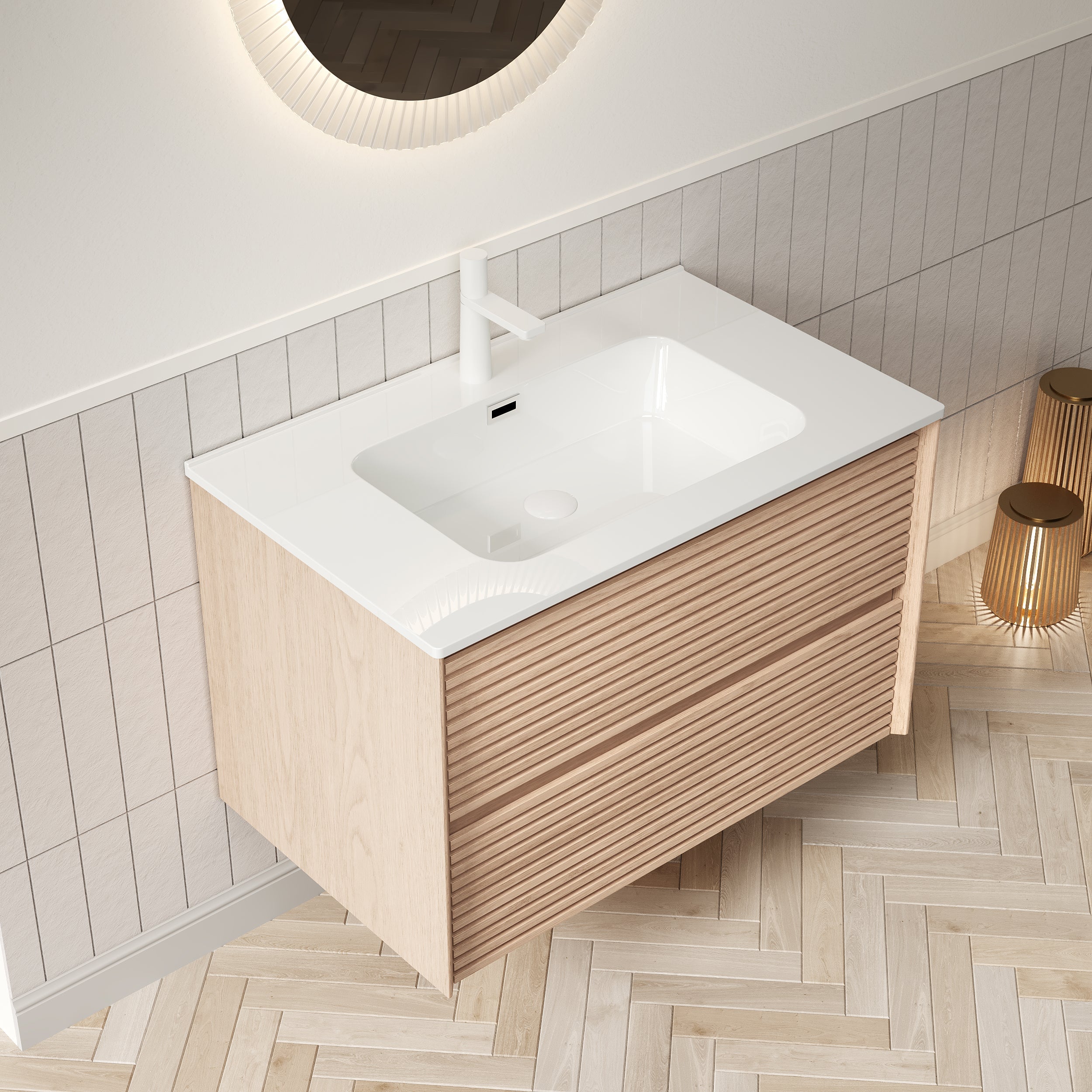 Logidon 81 cm wall-mounted washbasin with white ceramic base walnut