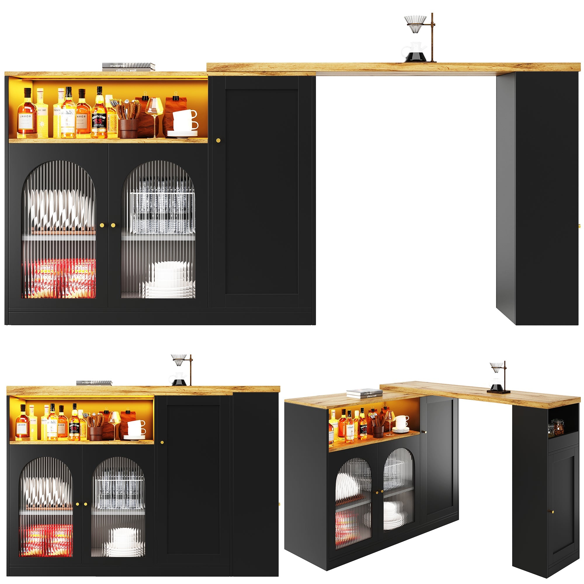 Logidon Draaibare Bartafel Mat Zwart 198x39x97 cm Met LED Glazen Deur