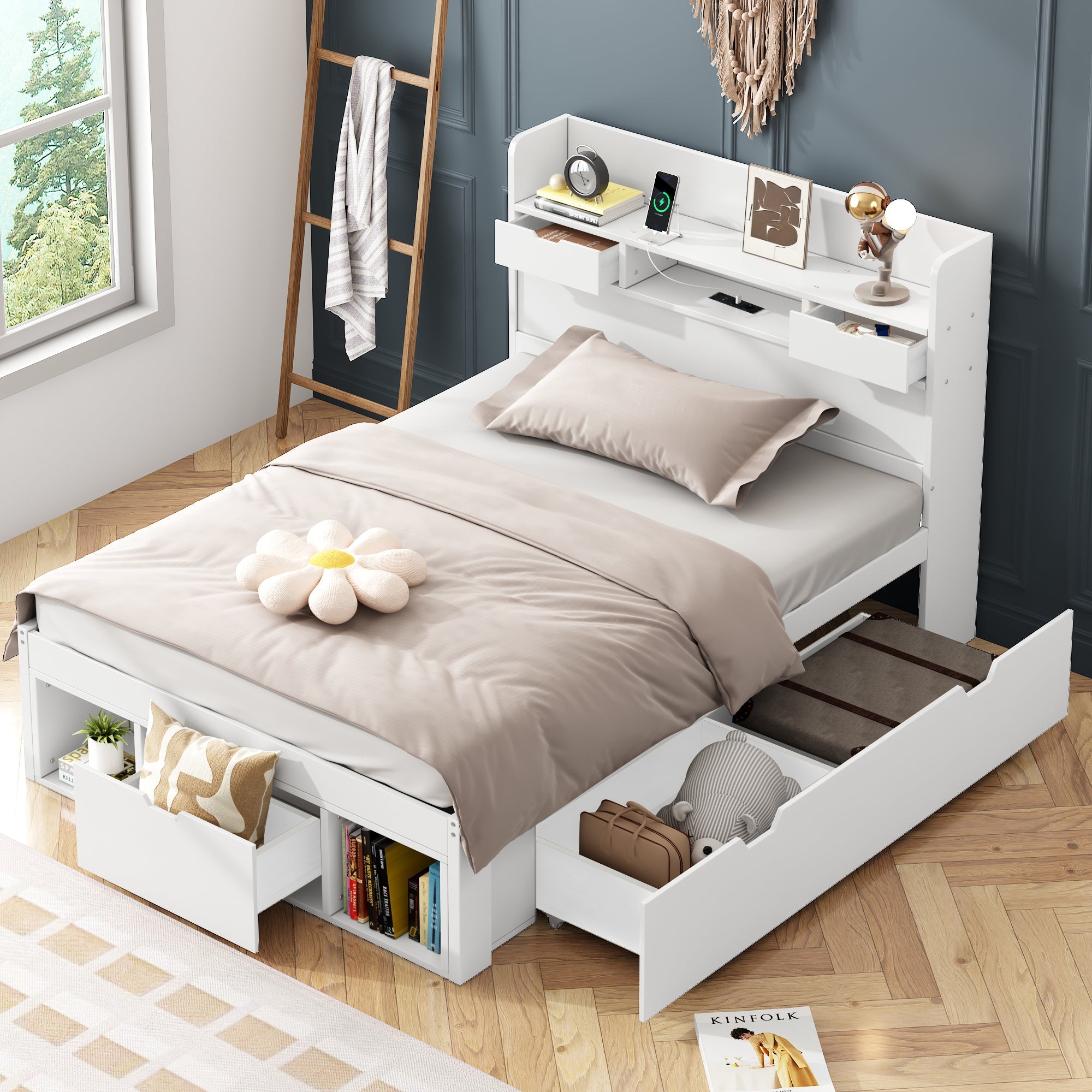 Logidon jeugd- en kinderbed 90x190 cm met USB poort opbergruimte wit