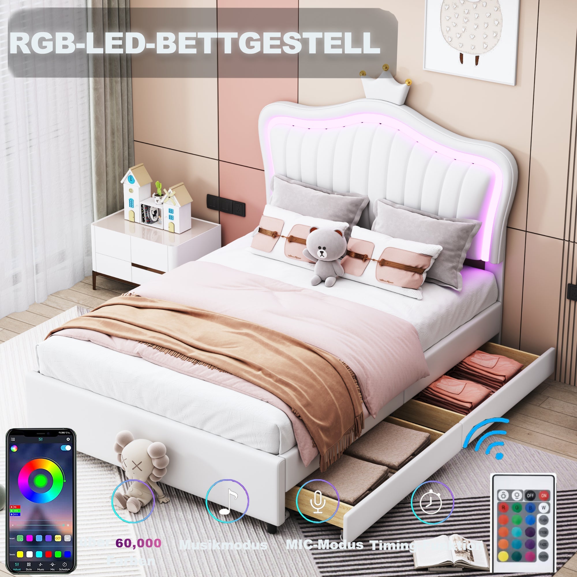 Logidon kinderbed 90x200 wit kroonbedframe LED opbergruimte