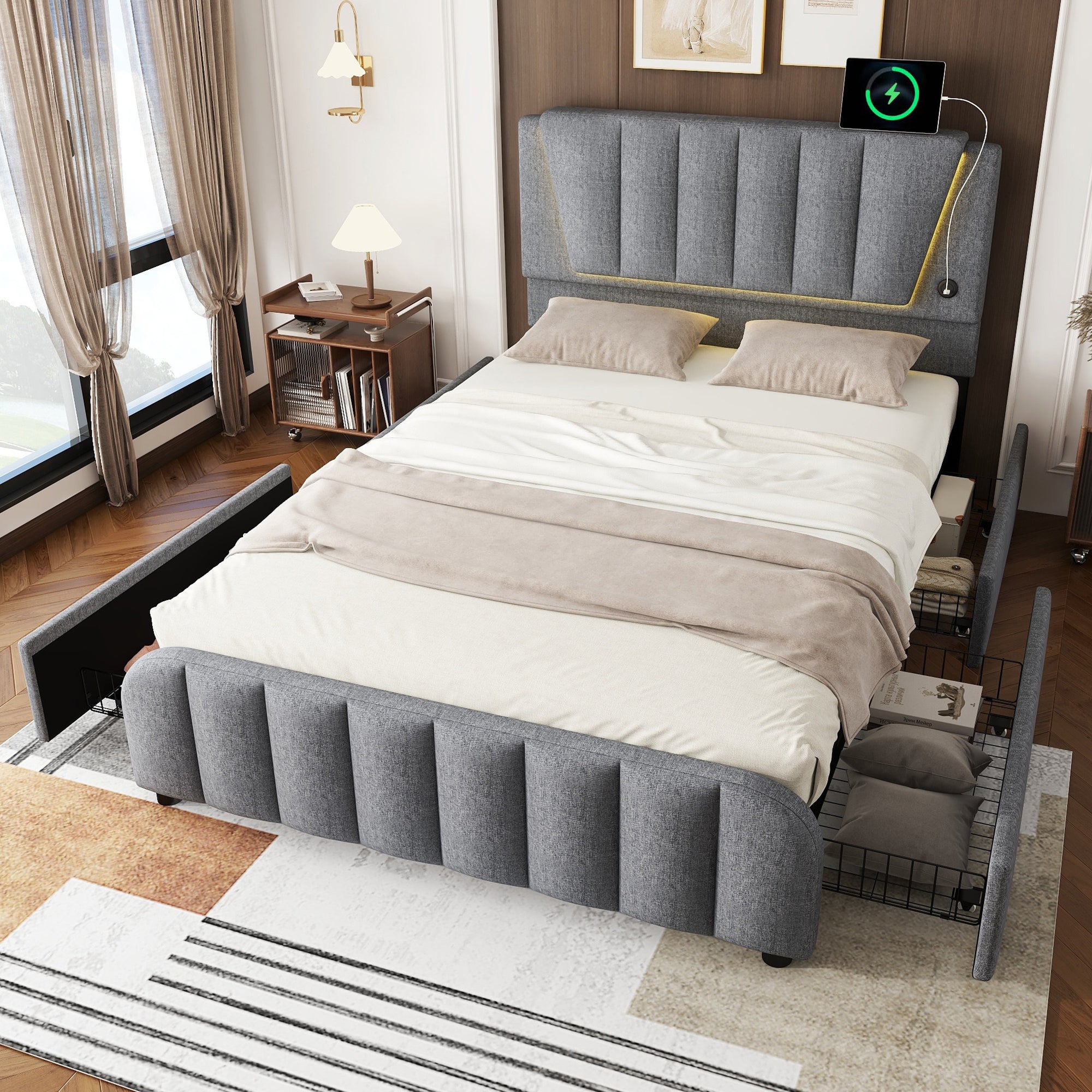 Logidon gestoffeerd bed 140x200 grijs met lattenbodem vier laden