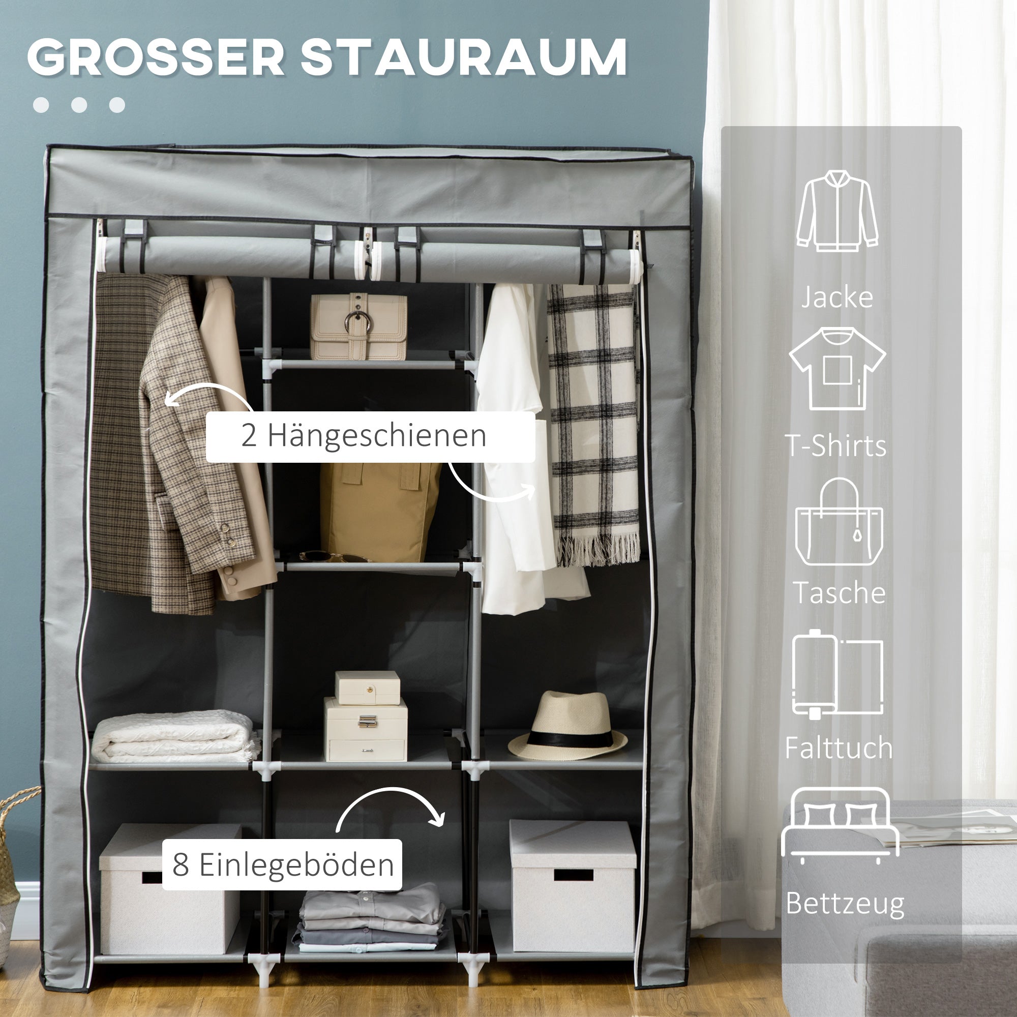 Logidon fabric wardrobe light gray 125x43x162 with clothes rails 8 levels
