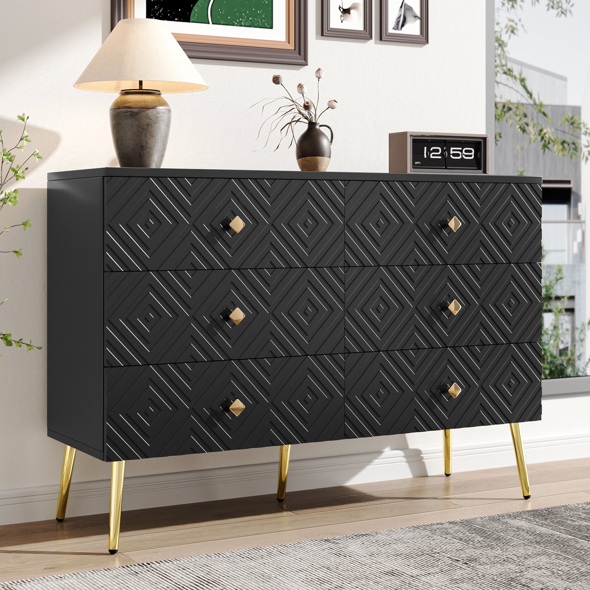 Logidon Ladekast 6 lades zwart goud moderne stijl 120x40x80 cm