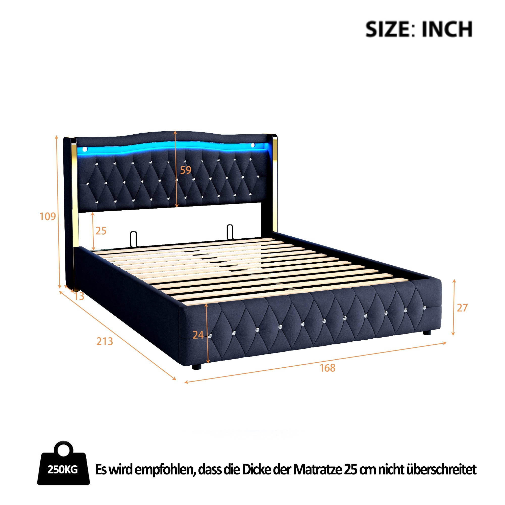 Logidon gestoffeerd bed 160x200 zwart fluweel stof met LED verlichting