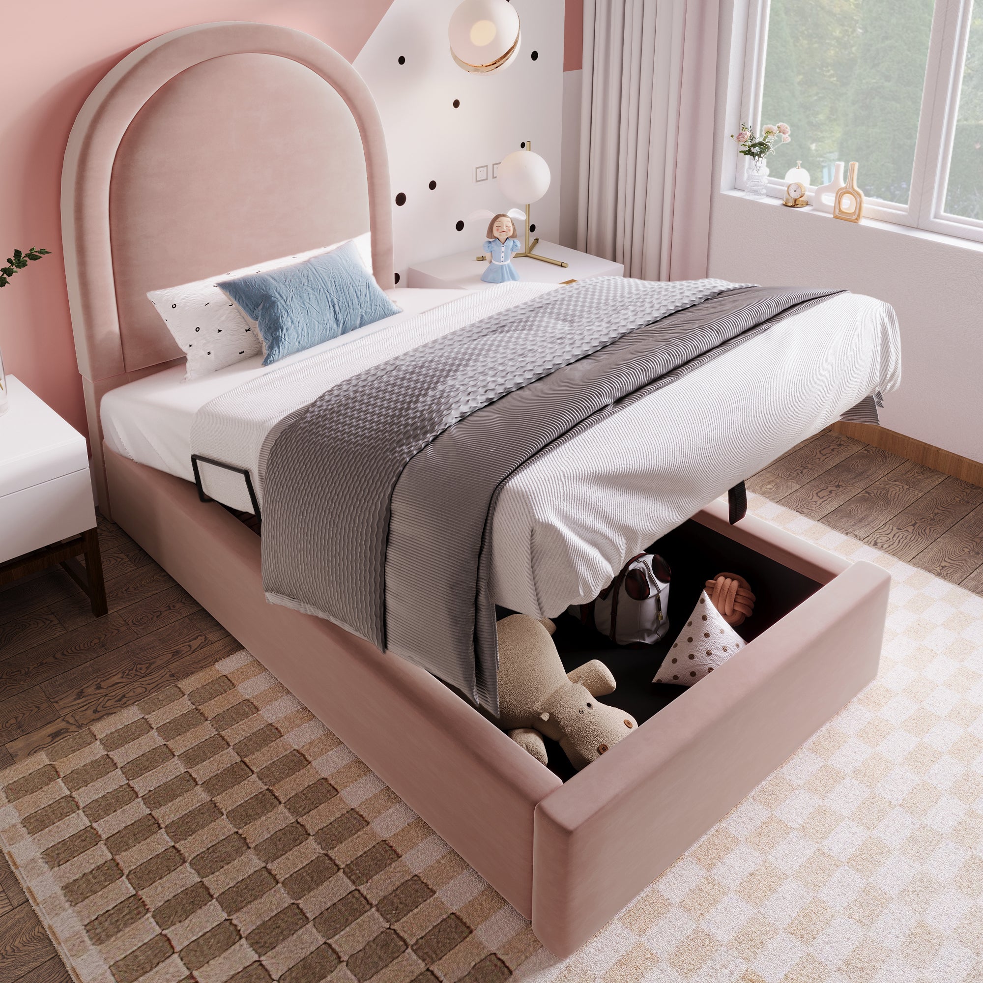 Logidon gestoffeerd bed kinderbed roze 90x200 cm met matras