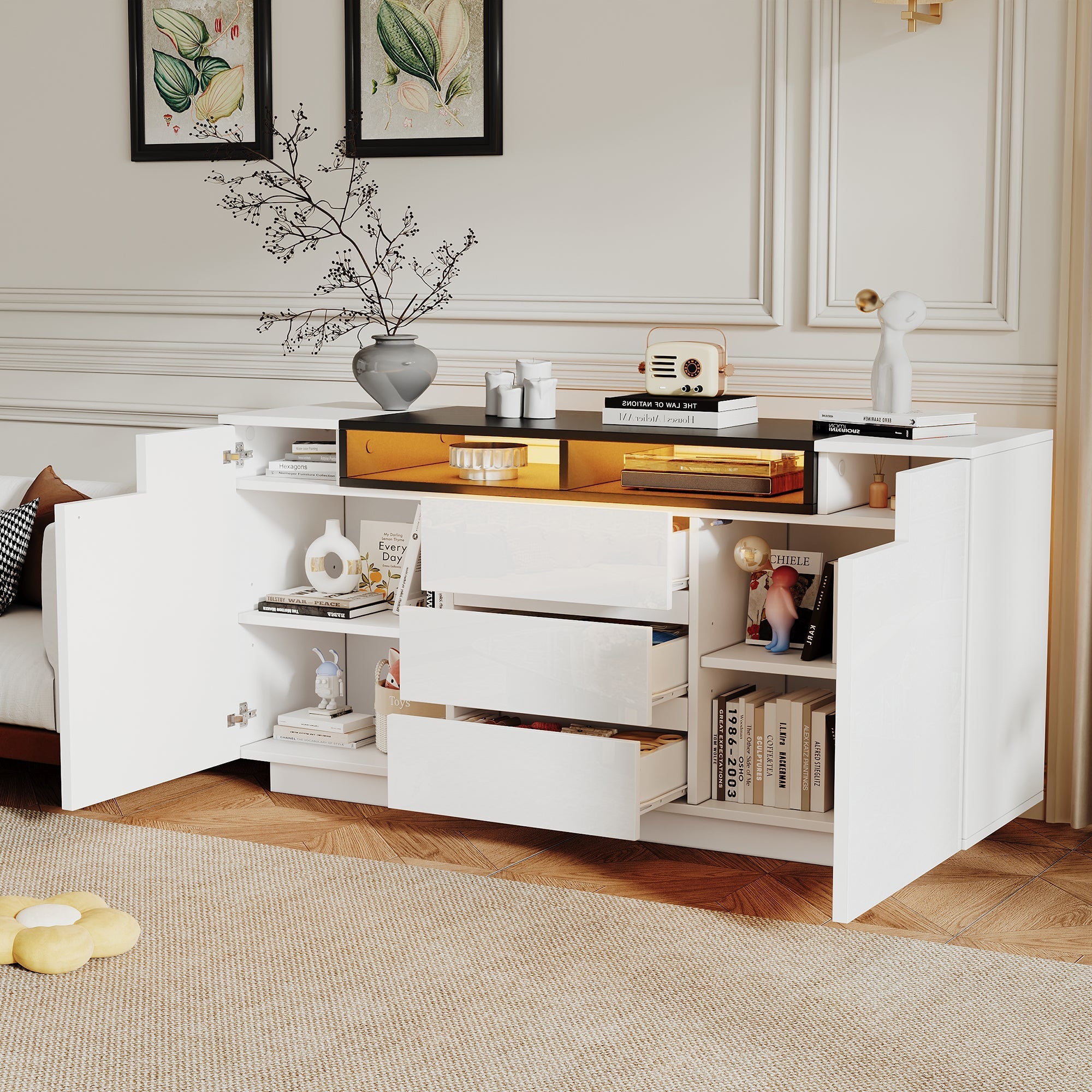 Logidon wit hoogglans dressoir 140 cm met LED, 2 deuren, 3 lades