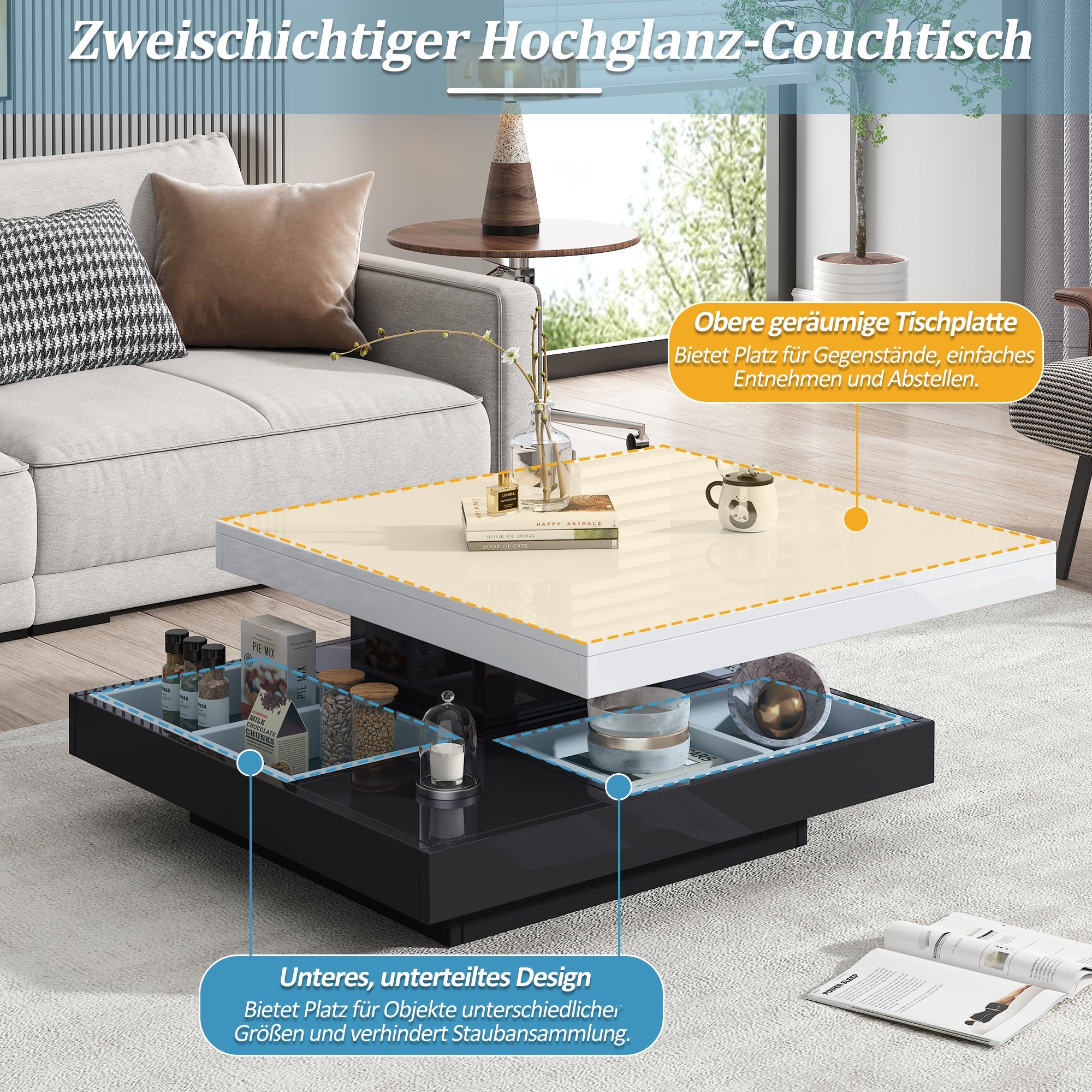 Logidon Draaibare Salontafel Wit Blad Zwart Onderstel 70x70x36