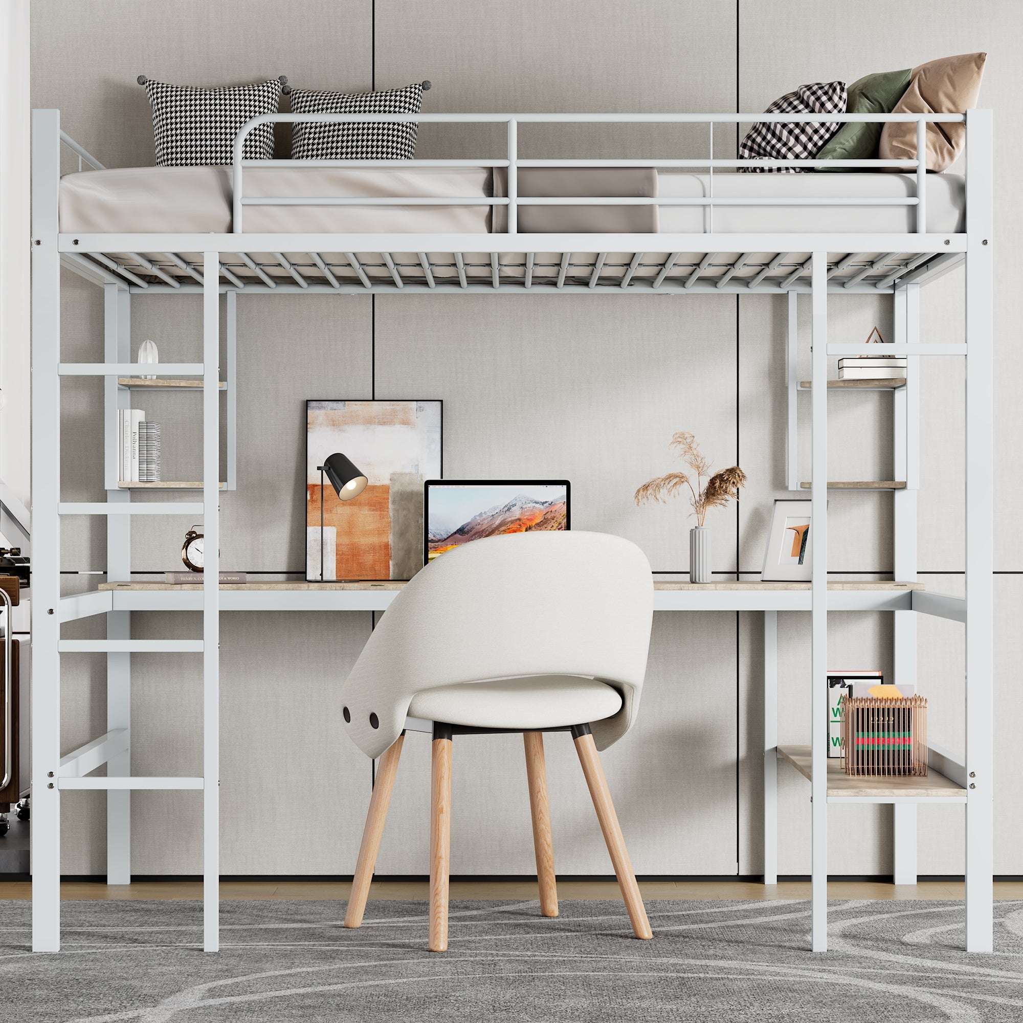 Logidon 90x200cm metal bed loft bed with desk and shelves white