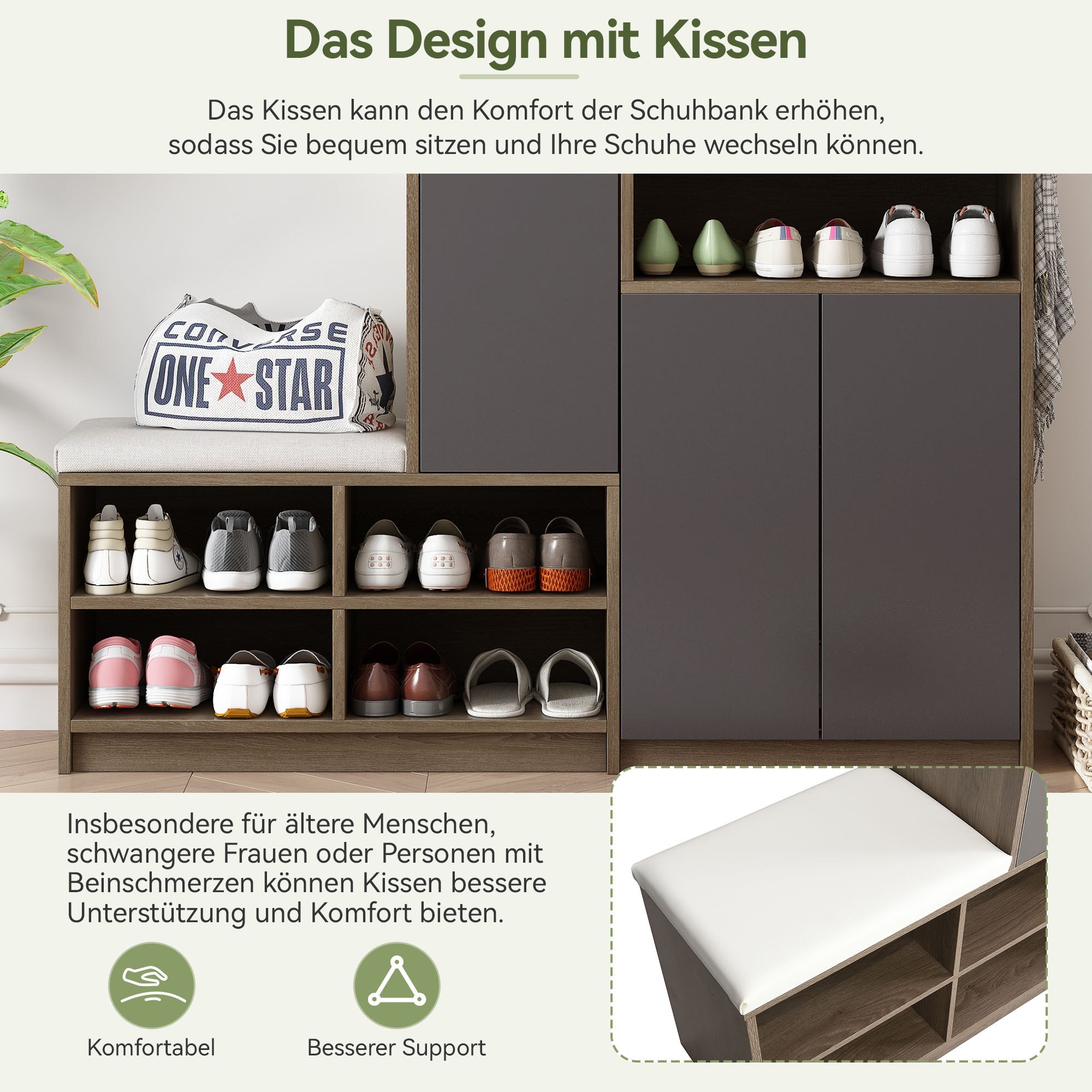 Logidon Schoenenbank Grijs Met Gewatteerde Zitting Verstelbare Planken 140x35x110 cm
