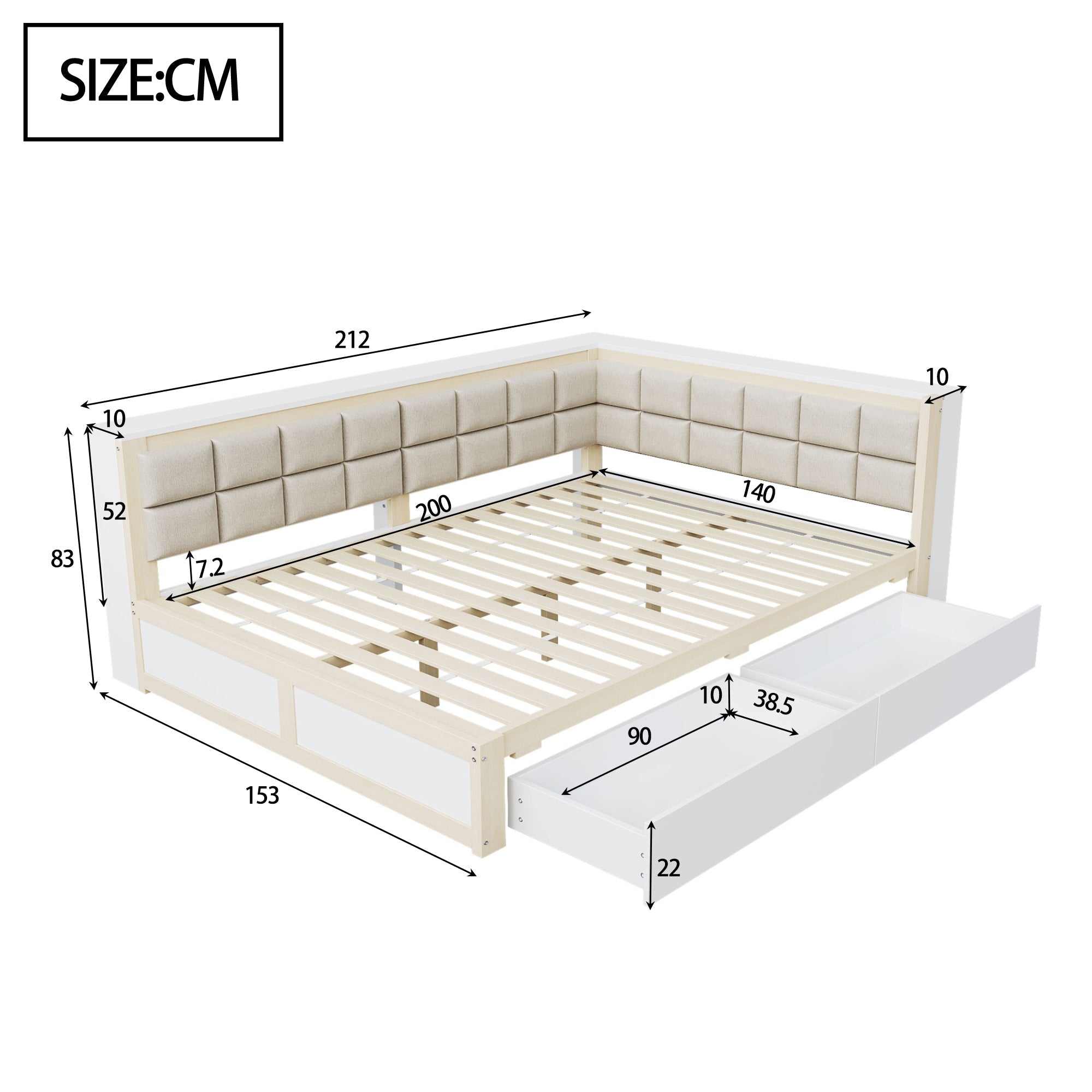 Logidon slaapbank 140x200 met rugleuning en opbergruimte naturel hout