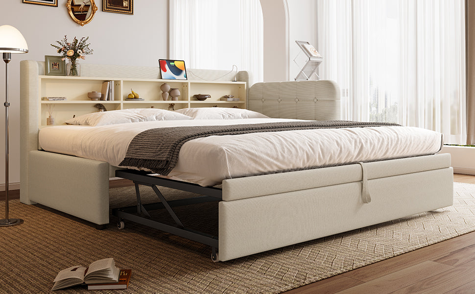 Logidon Daybed 90x200 beige linnen uitschuifbare slaapbank USB Type C