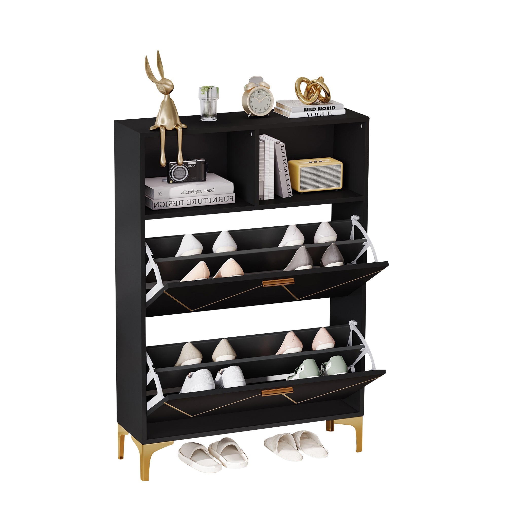 Logidon shoe cabinet 80x25x117 cm black with folding doors and four shoe shelves