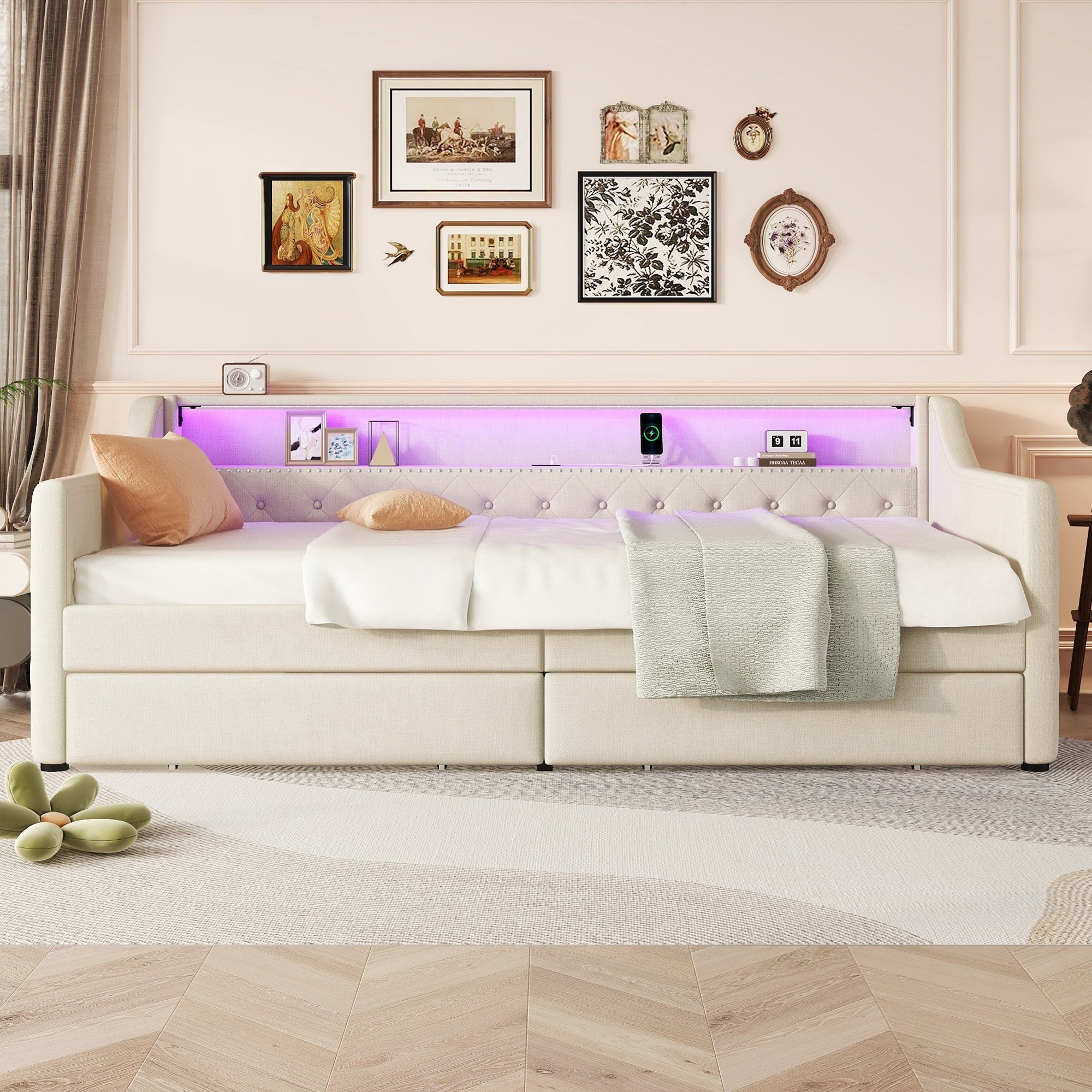 Logidon Daybed 90x200 beige slaapbank met lattenbodem USB-oplaadaansluiting