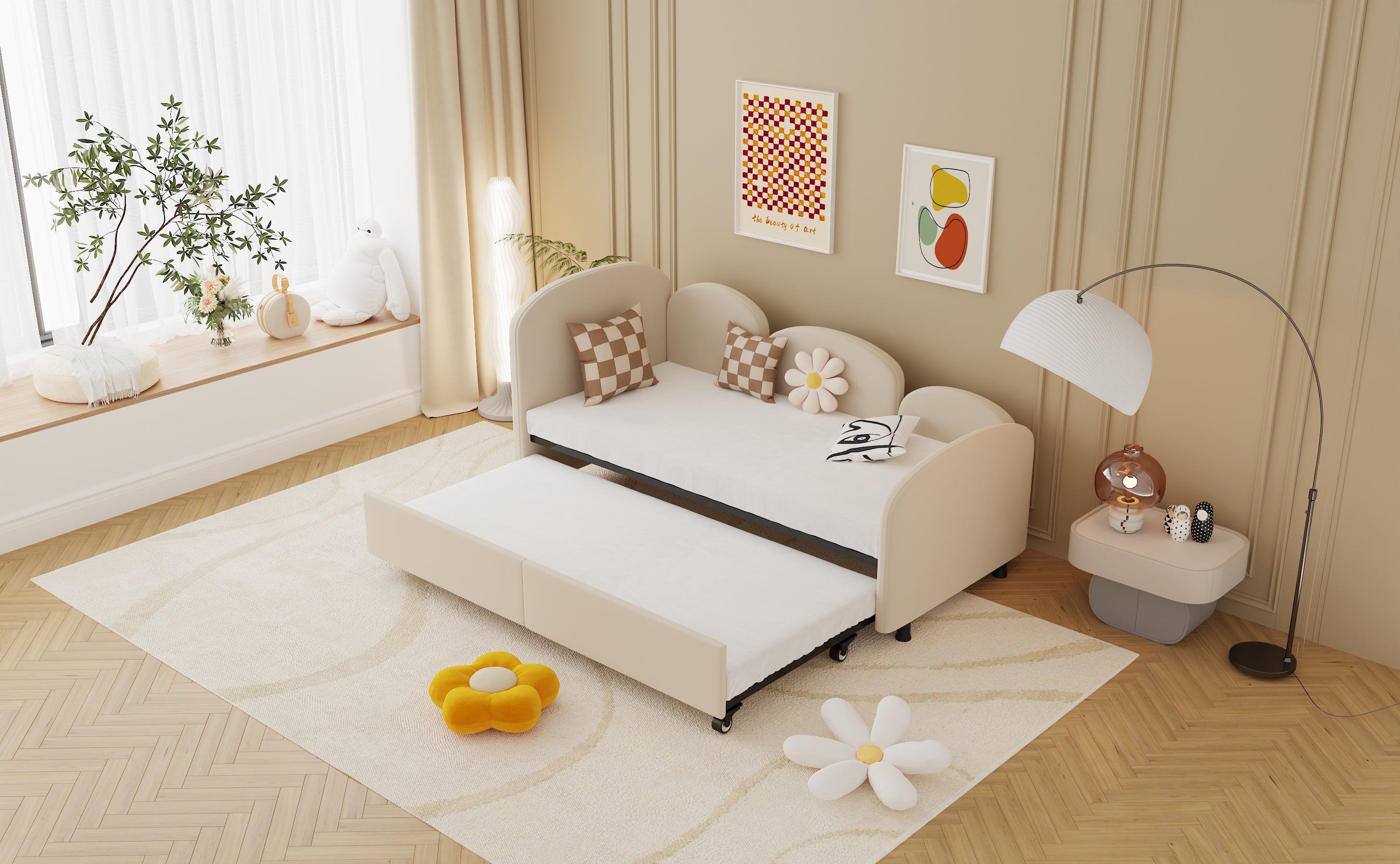 Logidon 2-persoonsbed, gestoffeerd met lades fluweelbeige