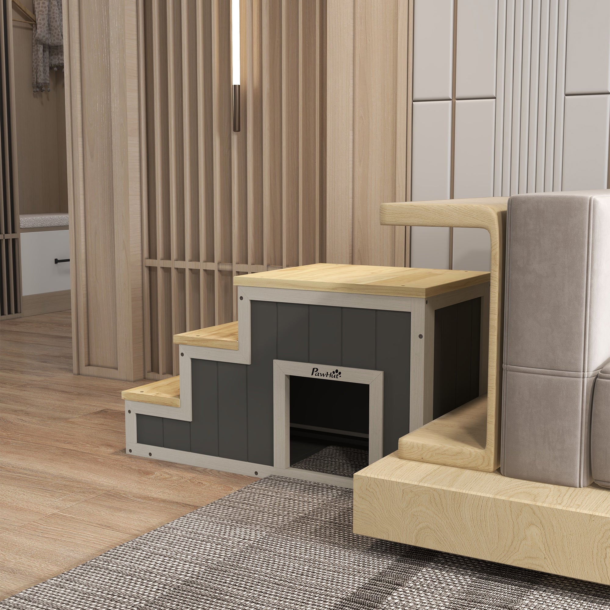 Logidon PawHut 2-in-1 hondentrap met grot 3 treden natuurlijk hout
