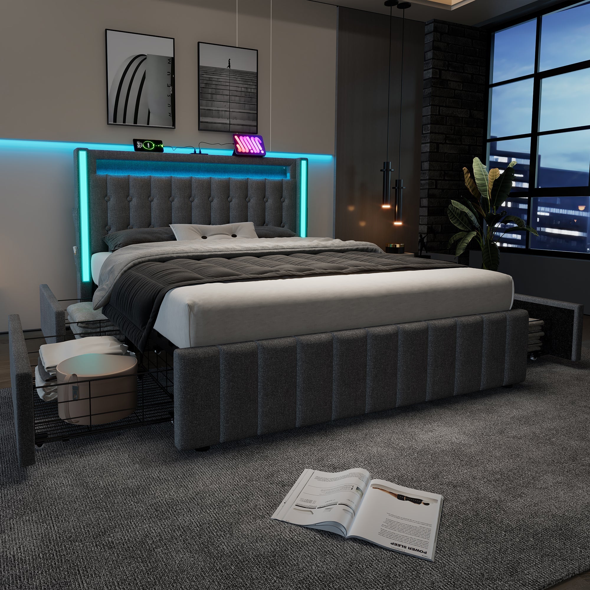 Logidon gestoffeerd bed 160x200 USB C oplaadfunctie LED verlichting grijs