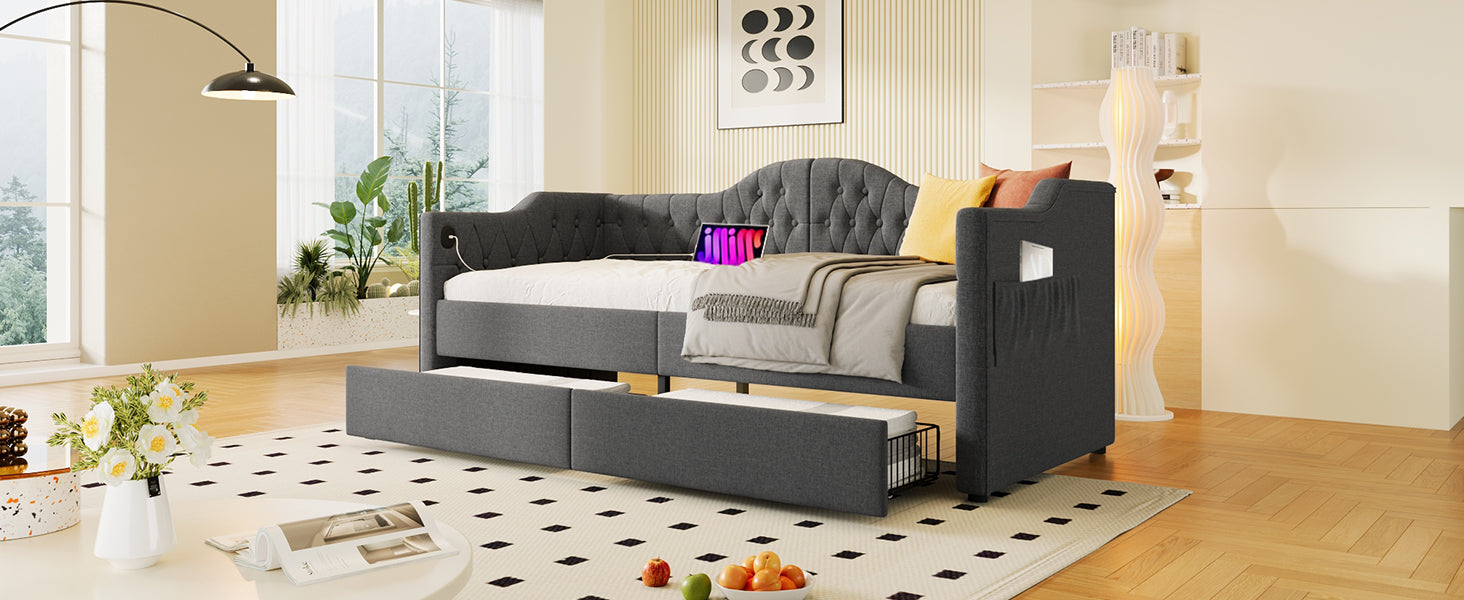 Logidon upholstered daybed 90x200 gray USB-C charging function 2 drawers