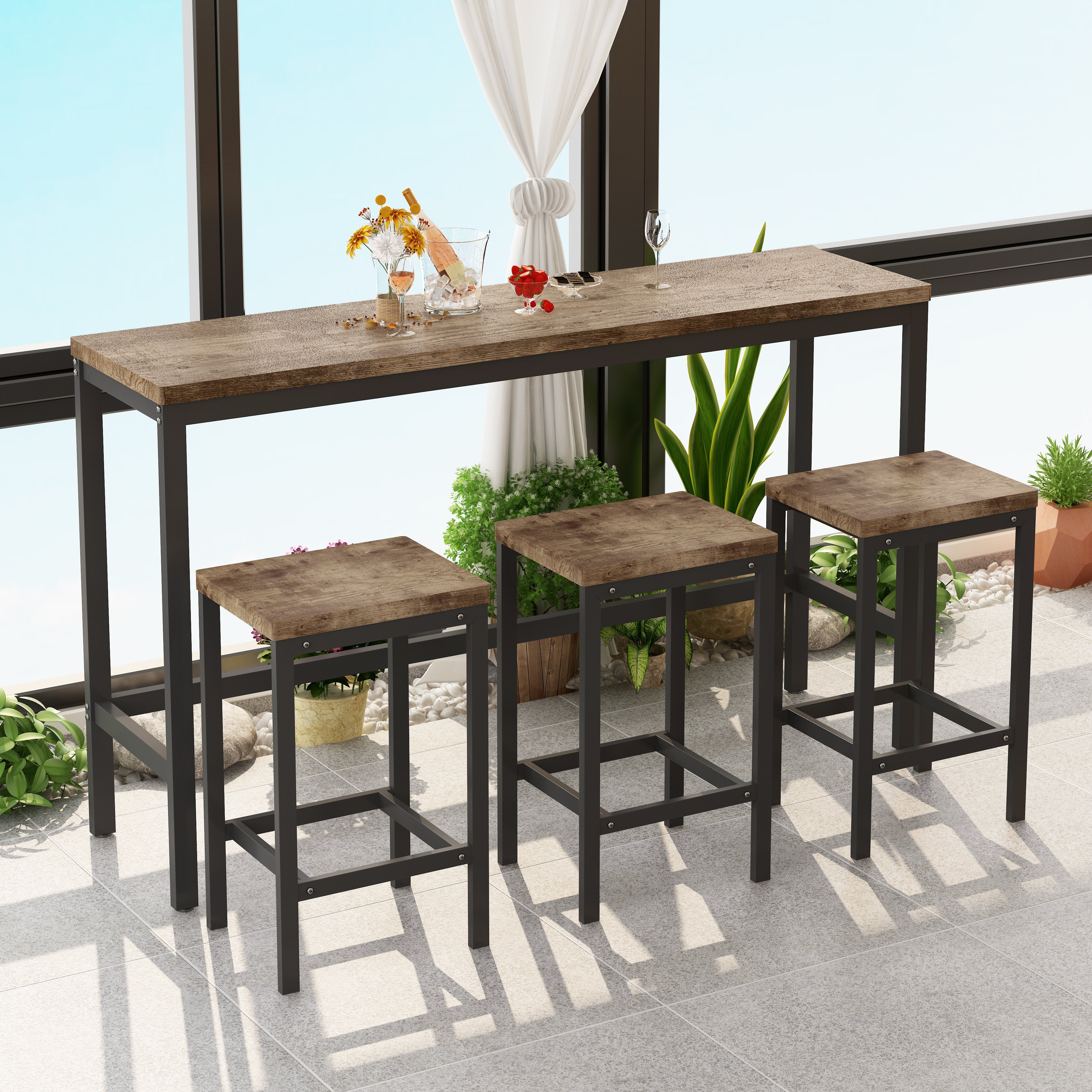 Logidon Modern Kitchen Dining Table Set with 3 Stools Natural L 153 cm