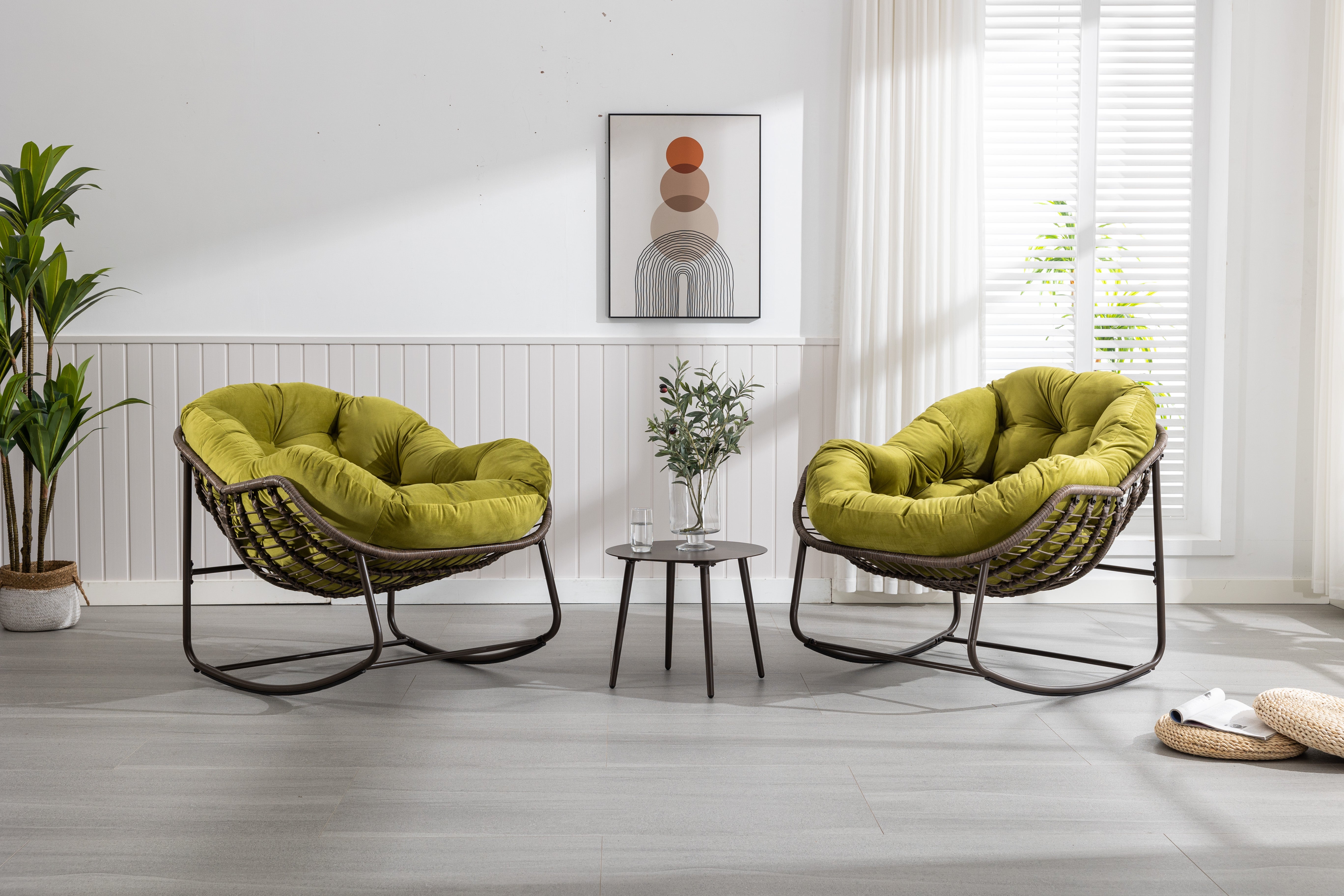 Logidon Outdoor Rotan Schommelstoel Olijfgroen Met Gewatteerd Kussen
