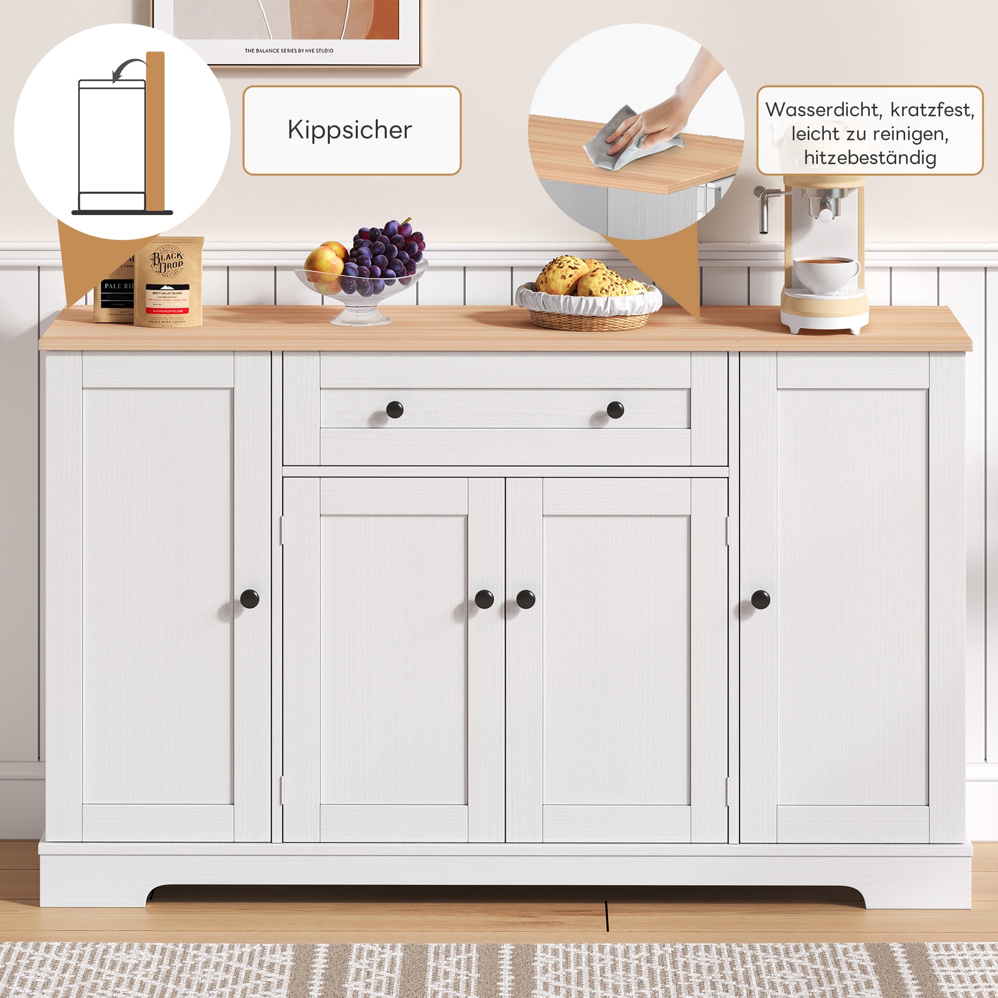 Logidon keukenbuffet 138 cm witte multifunctionele ladedeuren