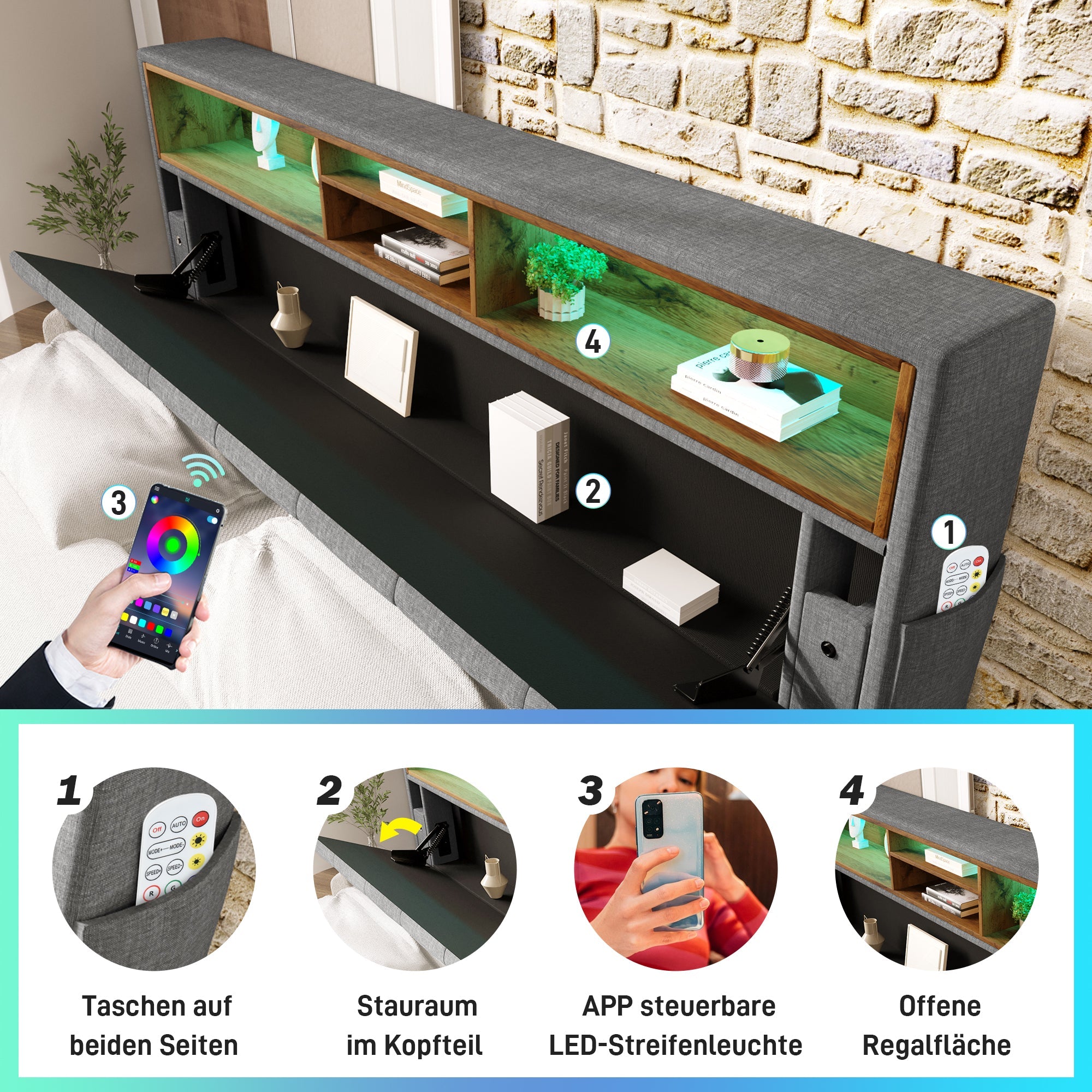 Logidon gestoffeerd tweepersoonsbed met opbergruimte hoofdbord LED grijs 140x200