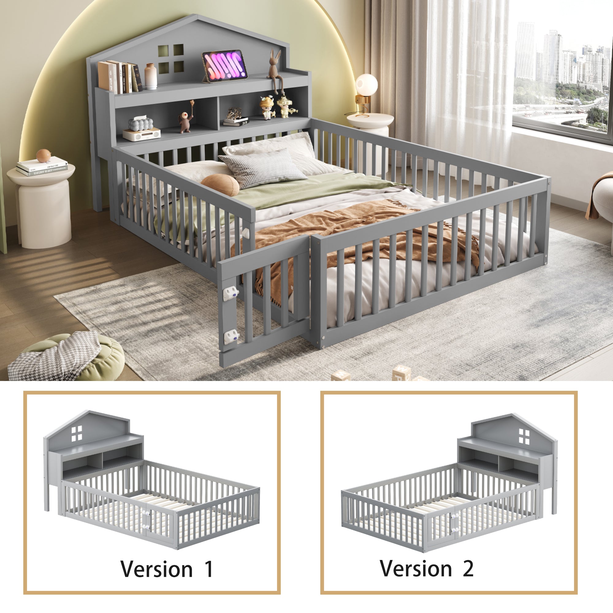 Logidon kinderbed 140x200 huisvorm massief hout grijs met opbergruimte