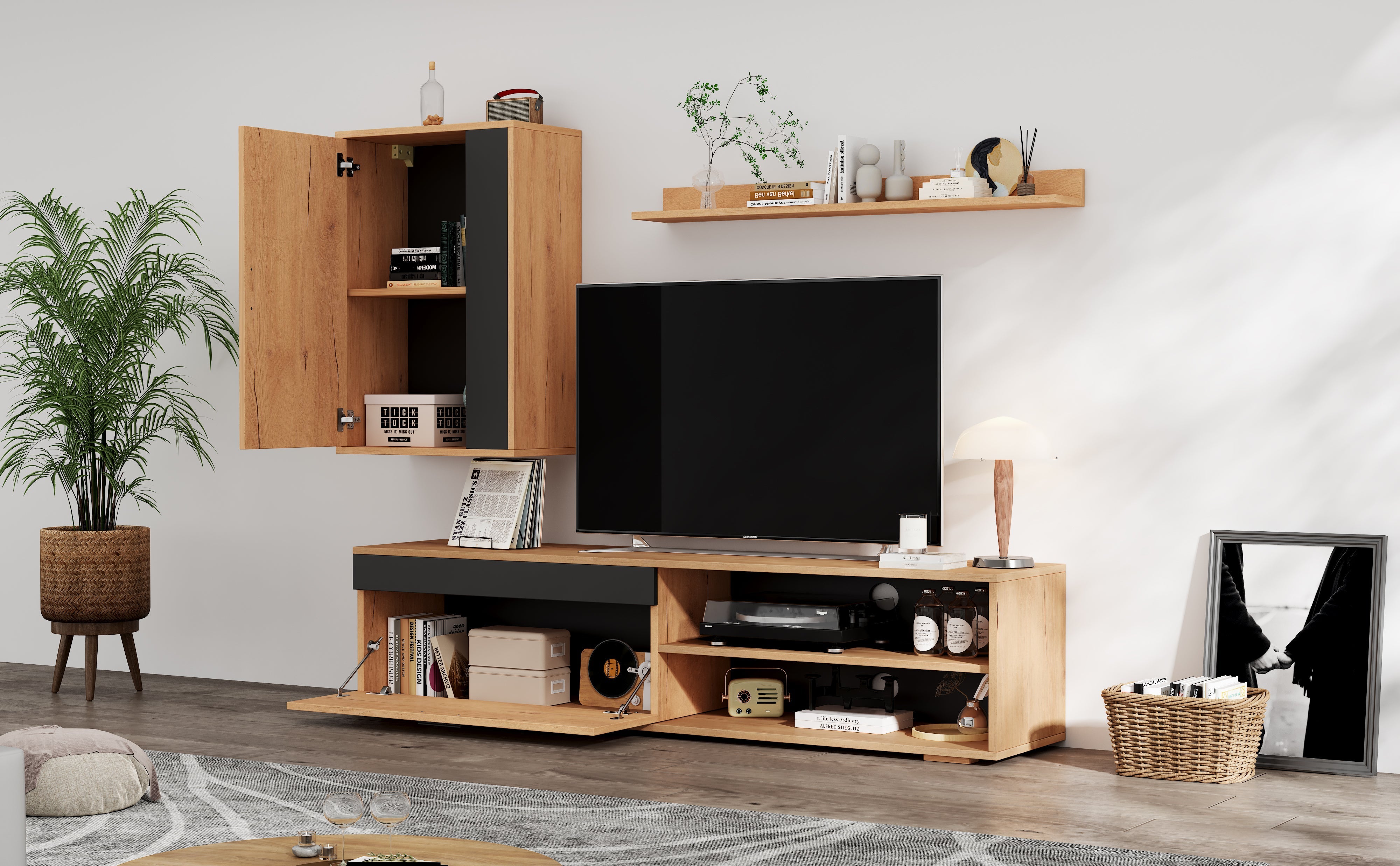 Logidon TV wandmeubelset 140 cm driedelig hout zwart