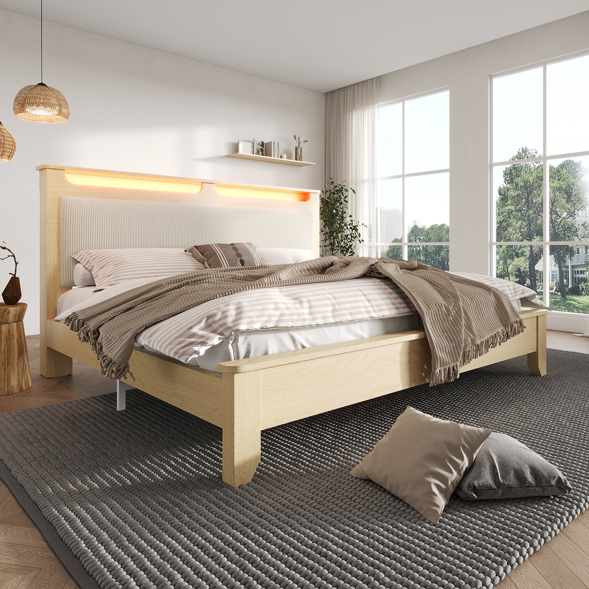 Logidon tweepersoonsbed 160x200 cm met opbergruimte en LED-verlichting beige