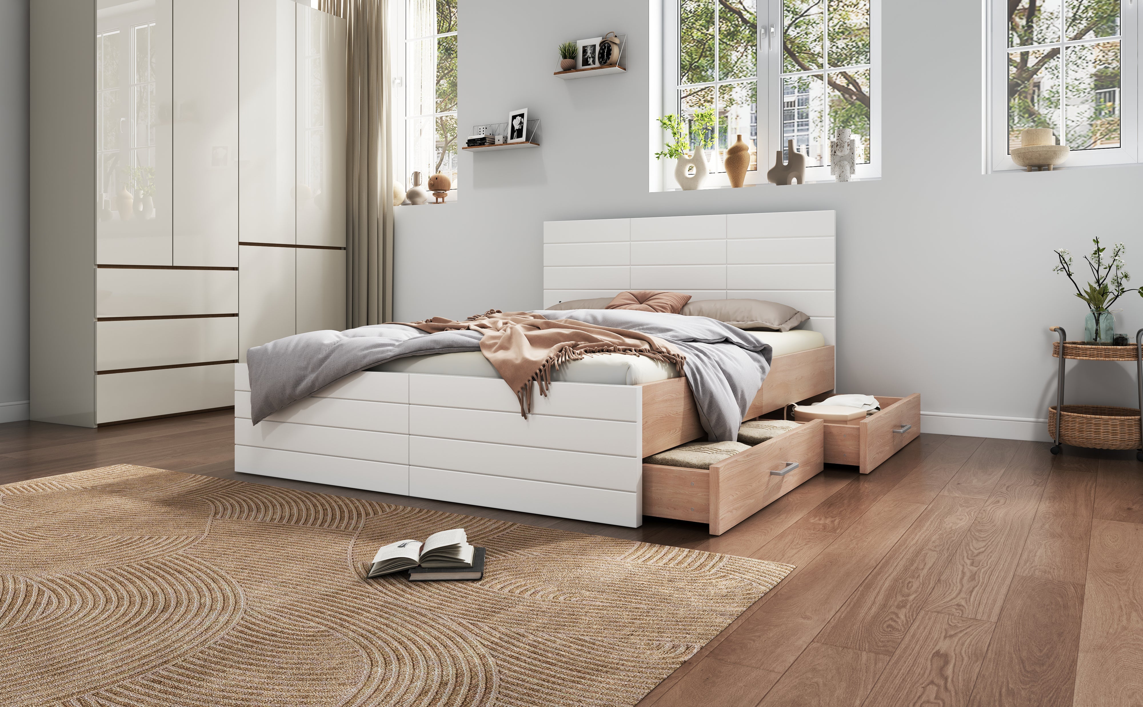 Logidon tweepersoonsbed 160x200 cm wit eiken met lattenbodem en 2 lades