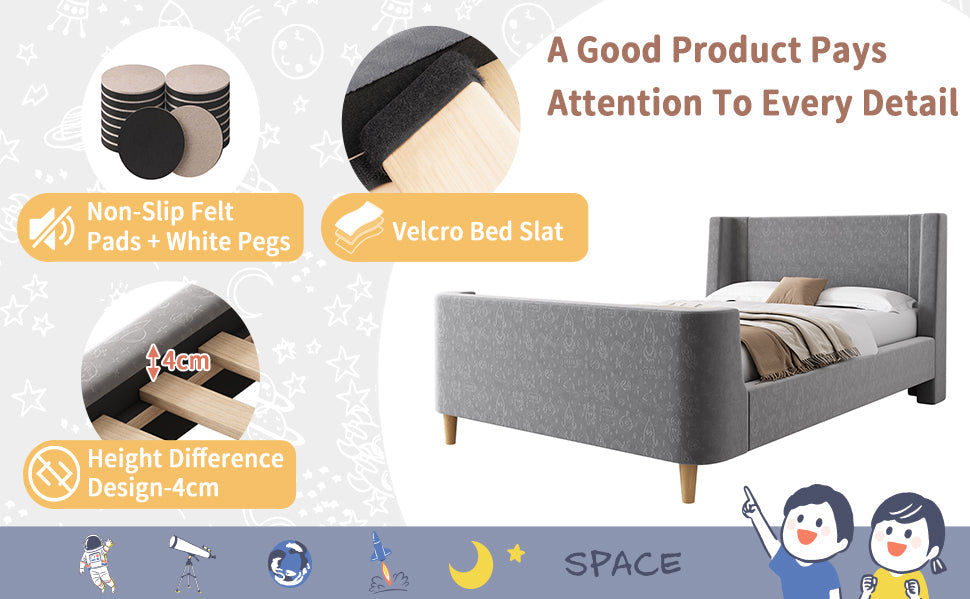 Logidon kinderbed gestoffeerd bed 90x200 grijs fluweel kosmisch patroon