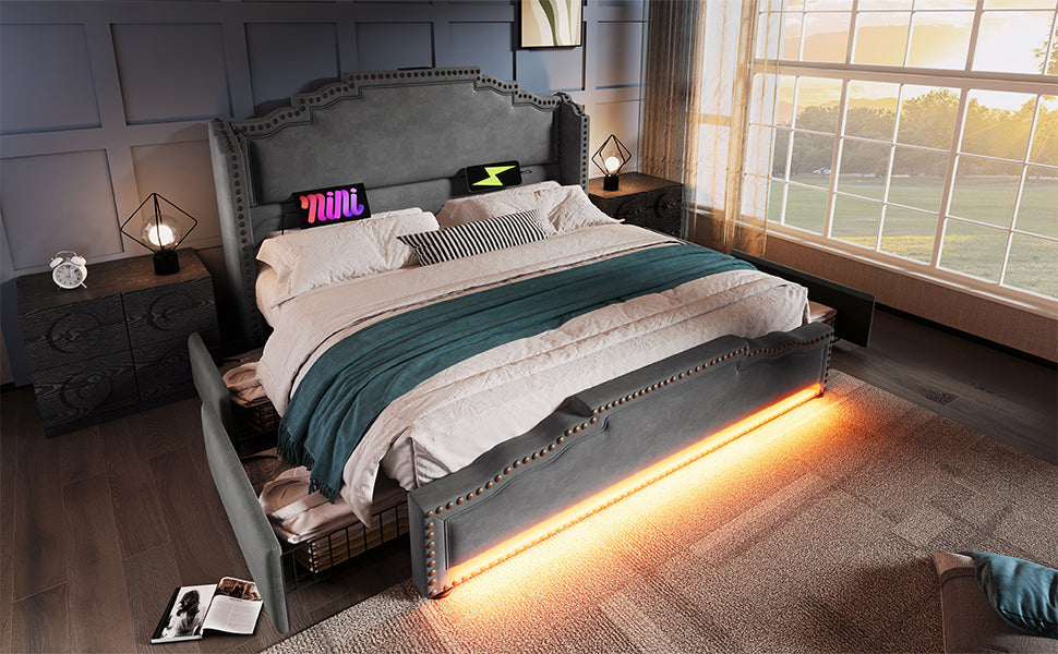 Logidon gestoffeerd bed 140x200 fluweelgrijs met 4 oplaad-LED-lampjes USB C