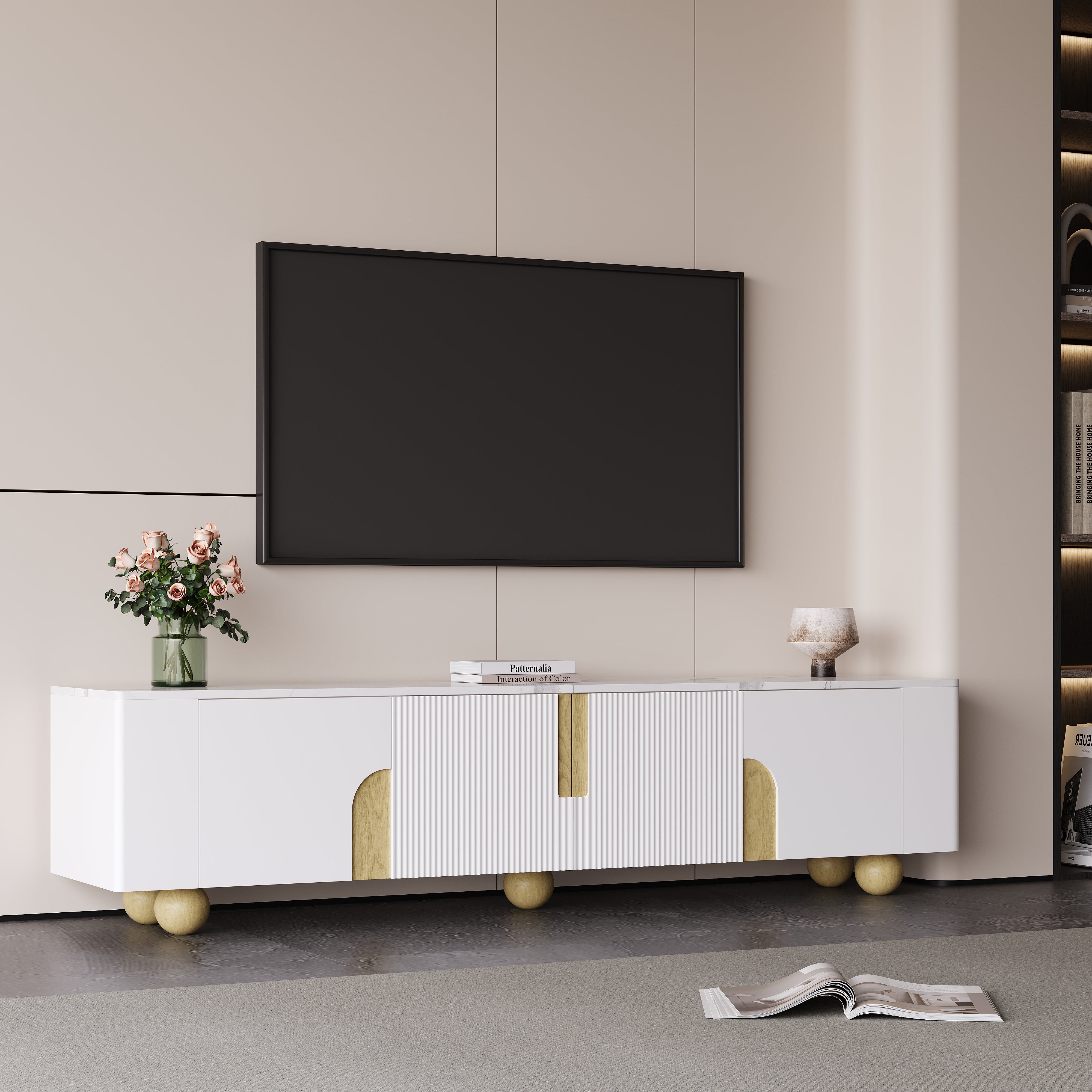 Logidon Wit TV-meubel 180 cm - 4 deuren, marmerlook, houten poten