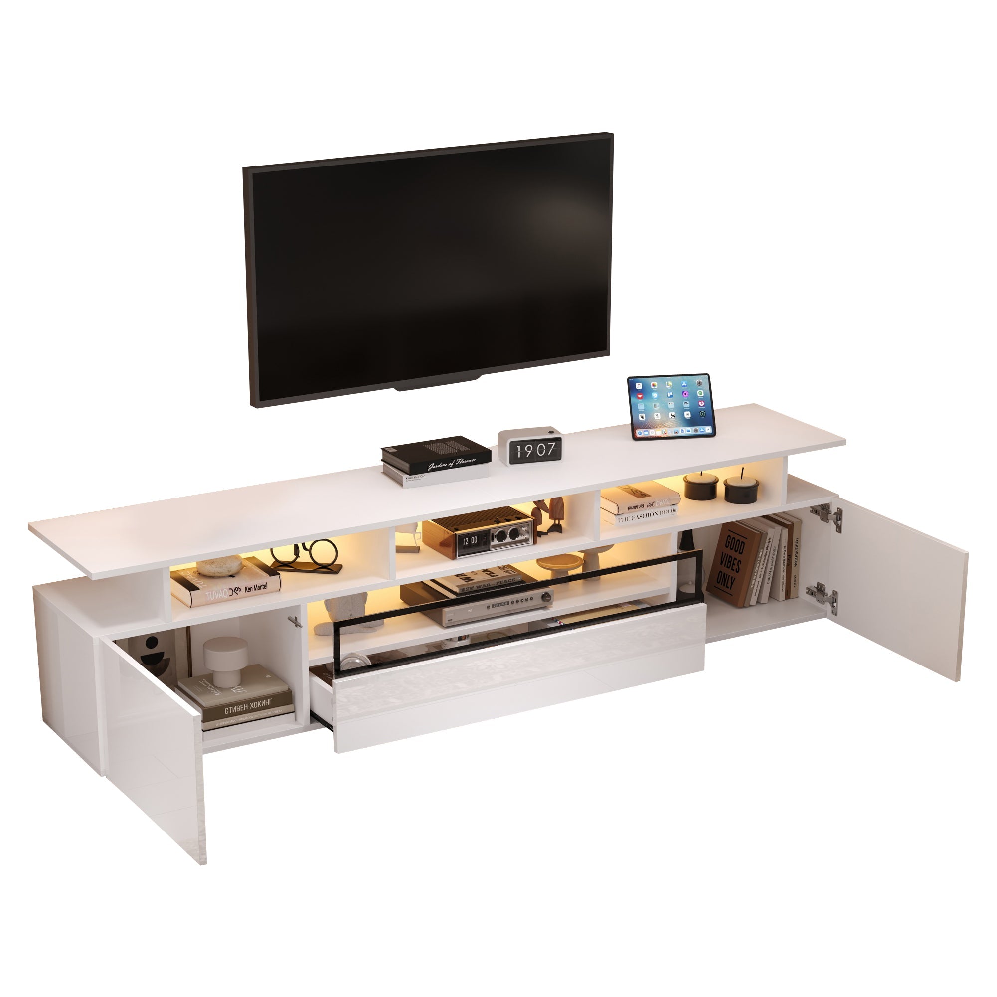 Logidon TV-meubel wit 180x38x45 cm met LED-verlichting 2 deuren 1 lade
