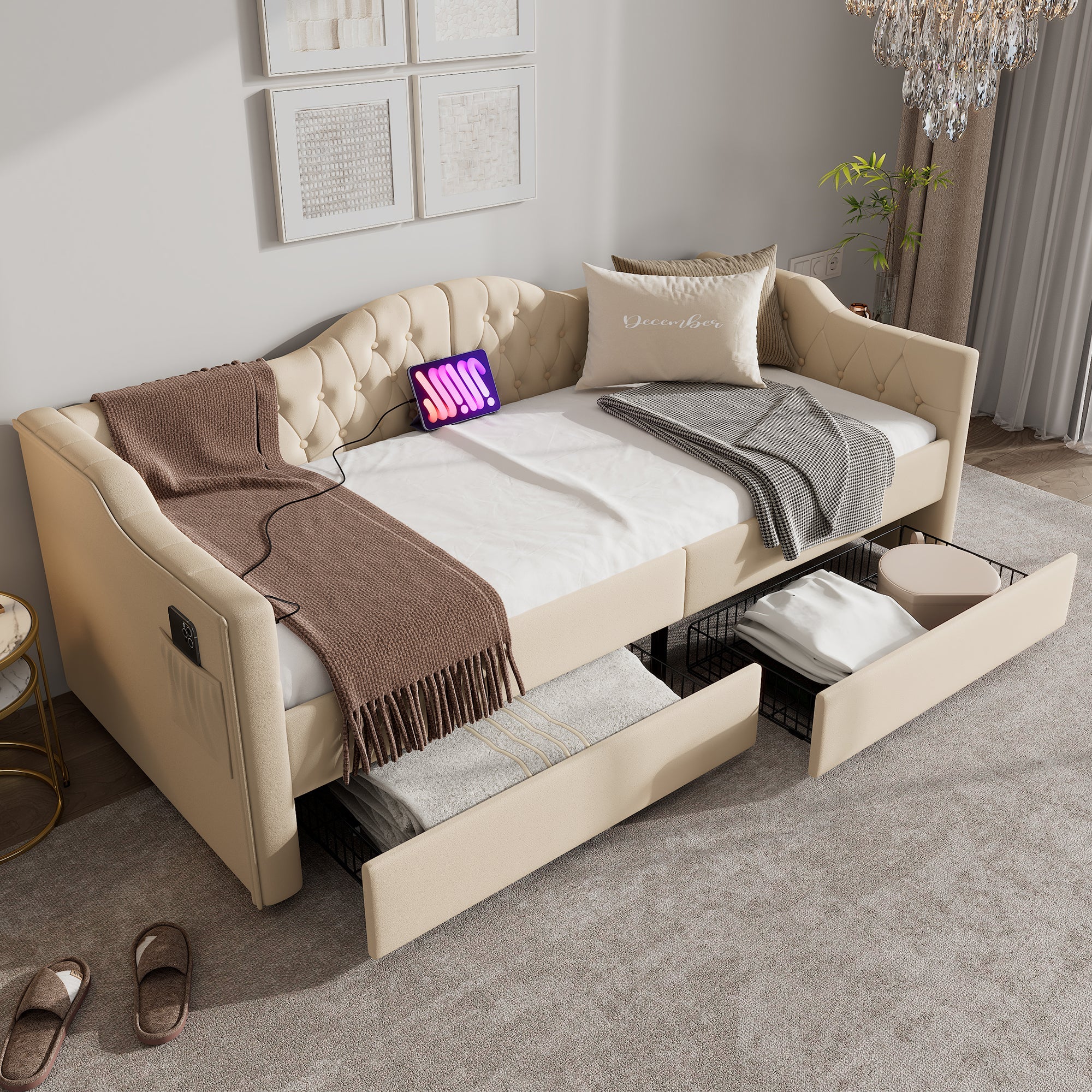 Logidon gestoffeerde slaapbank 90x200 beige USB-oplaadfunctie 2 compartimenten