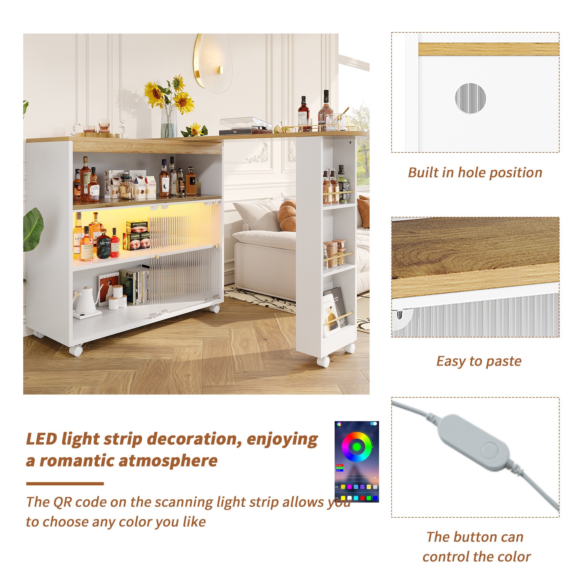 Logidon Uitschuifbare bartafel met opbergruimte LED Wit 138-204 cm