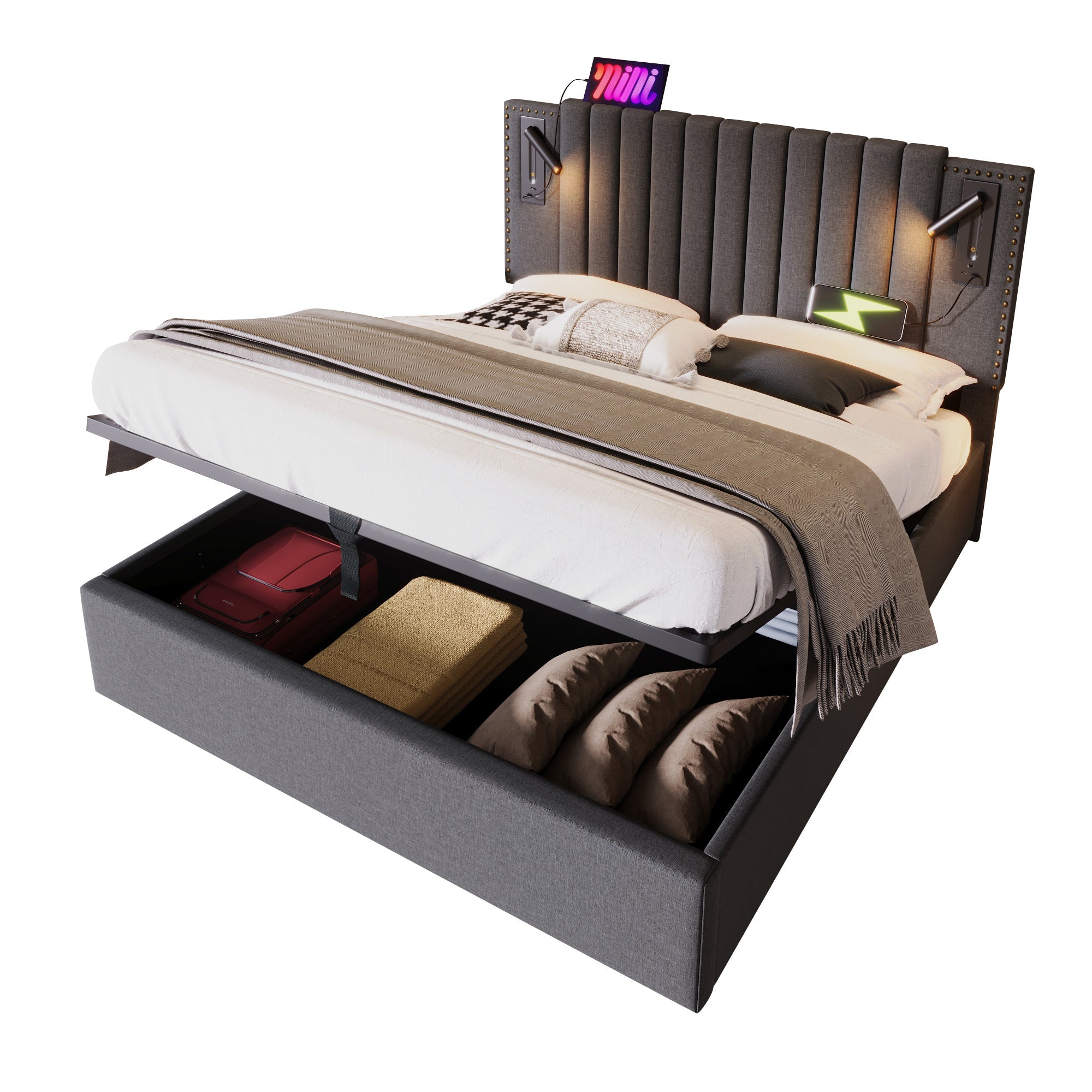 Logidon gestoffeerd bed 180x200 grijs met opbergruimte en USB-oplaadfunctie