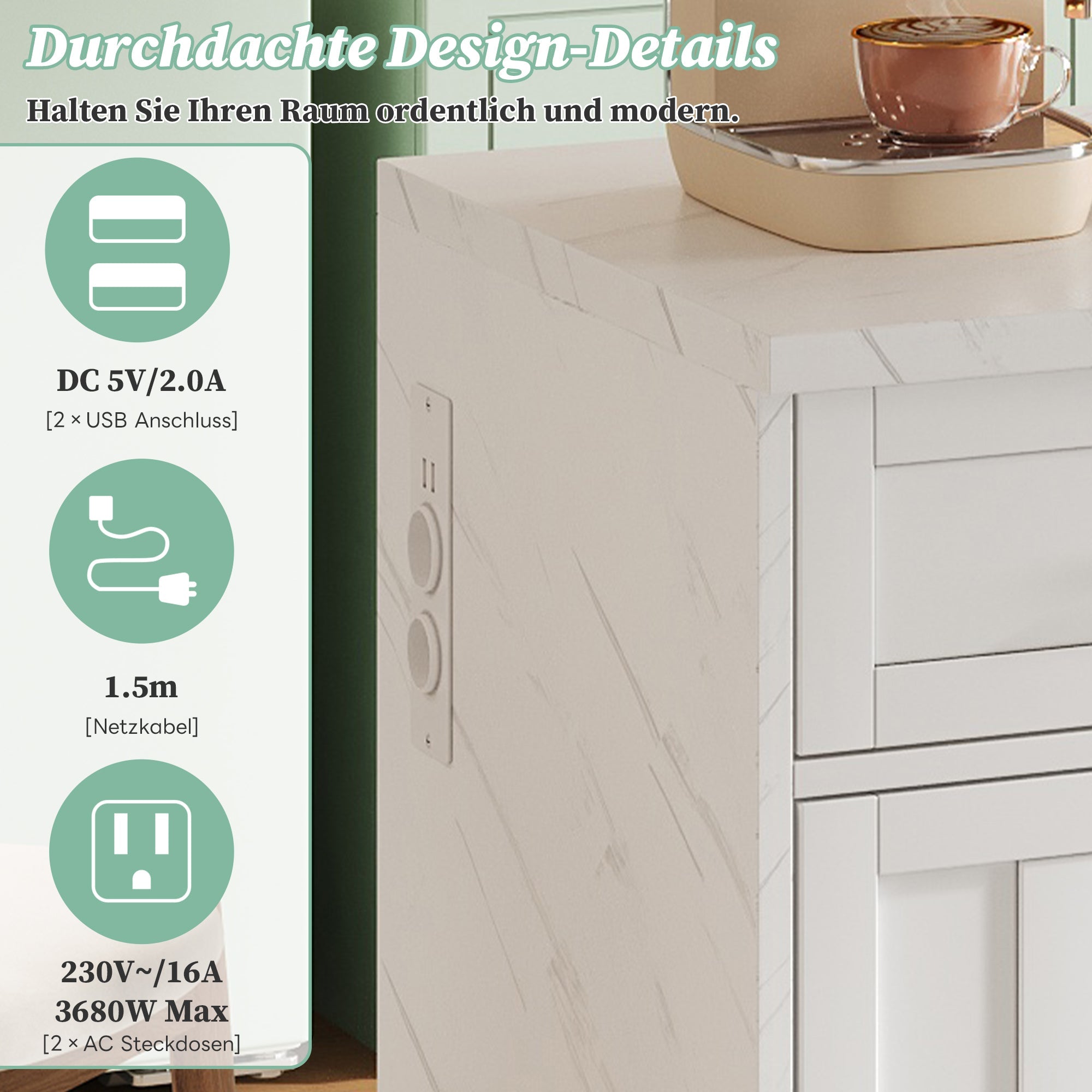 Logidon keukeneiland 120x60x91 cm met USB-aansluitingen wit