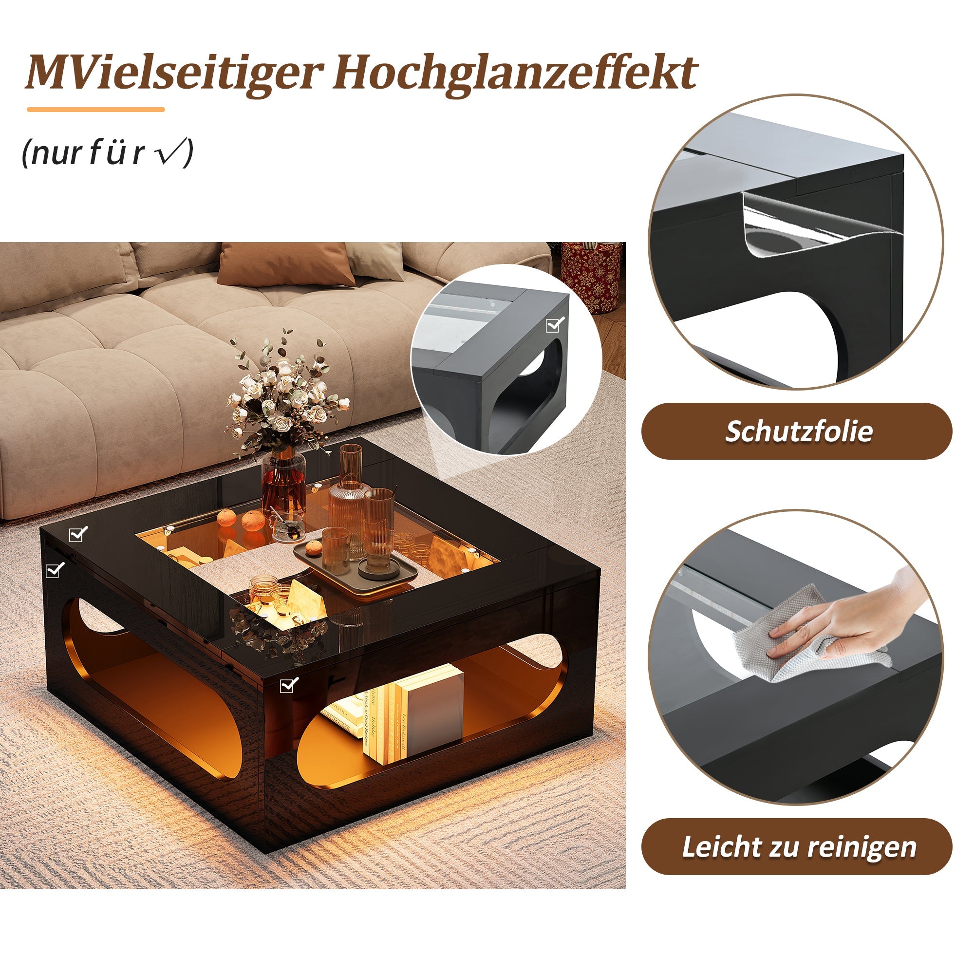 Logidon LED salontafel 70x70 cm vierkant zwart MDF glasblad