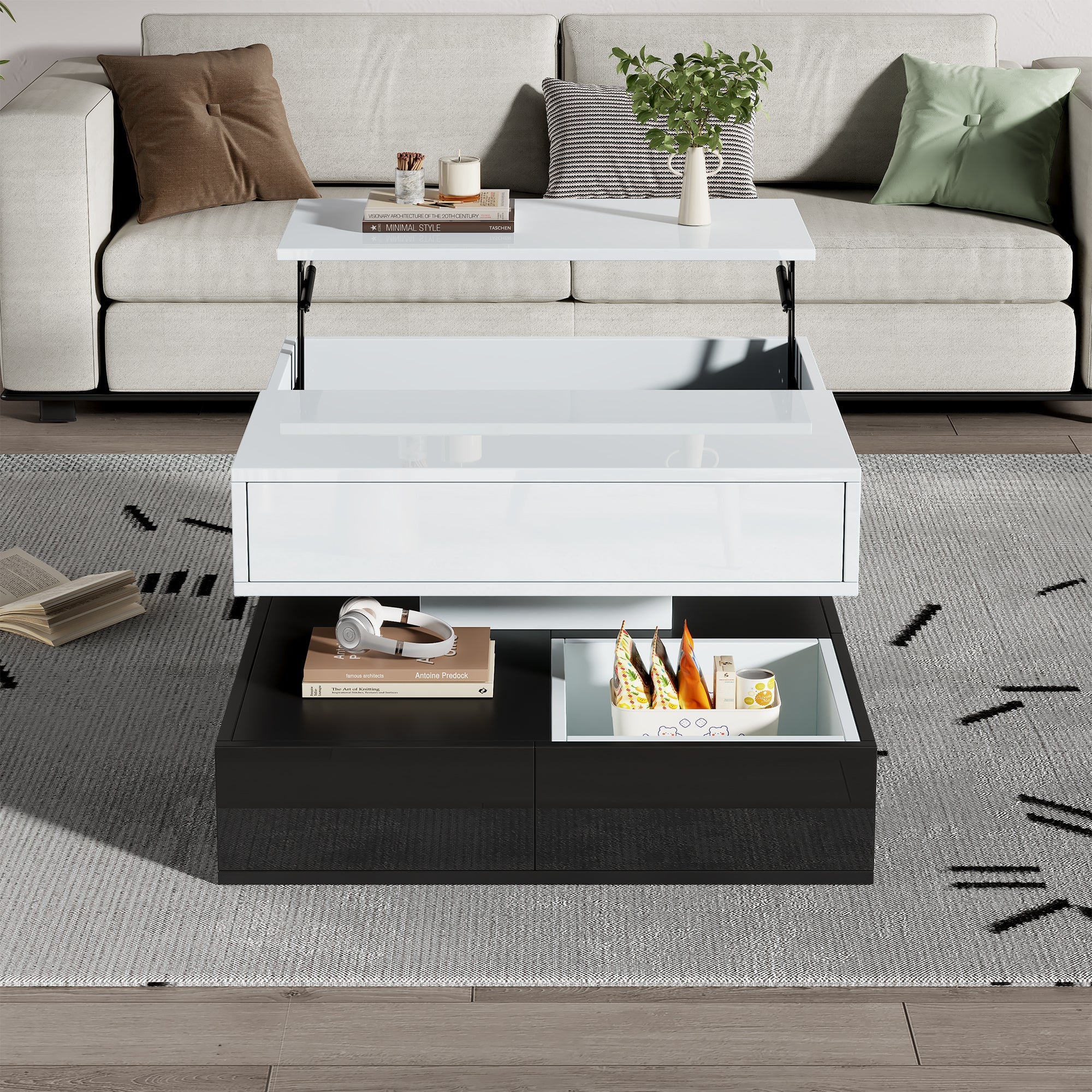 Logidon salontafel 70x70 hefblad 360 graden draaibaar 3 lades wit