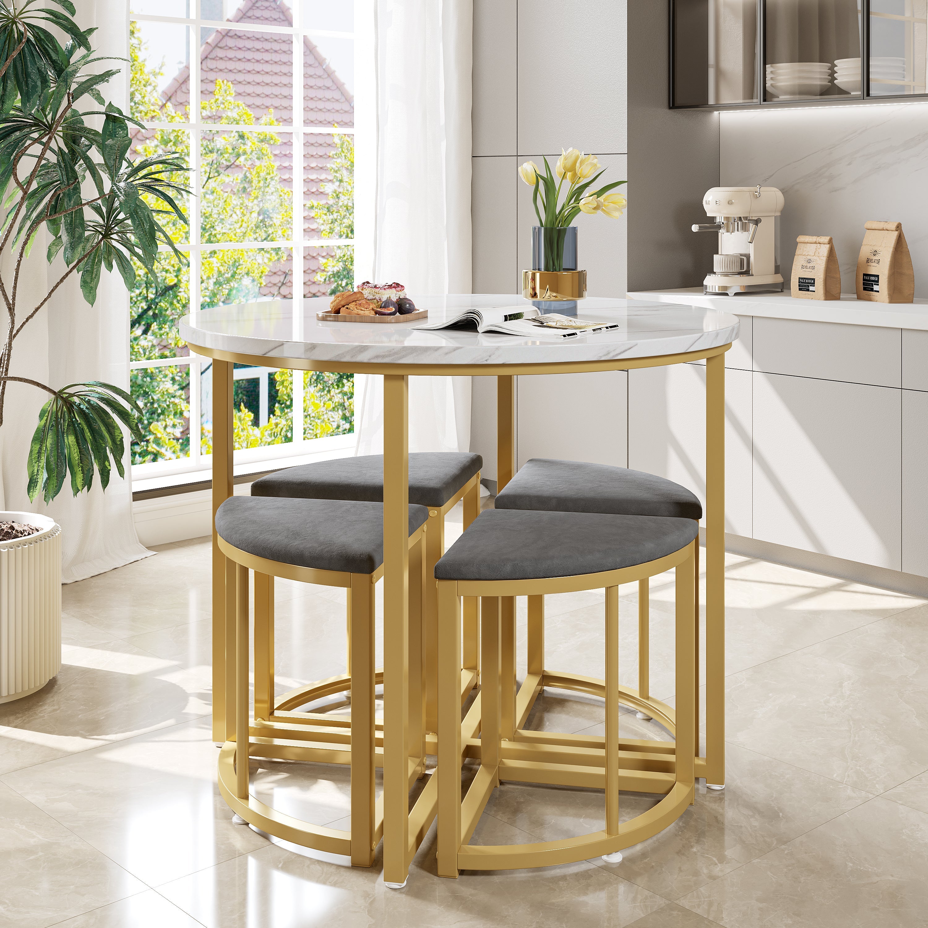 Logidon eettafelset grijs fluweel, 80x80 cm, gouden frame, 4 stoelen