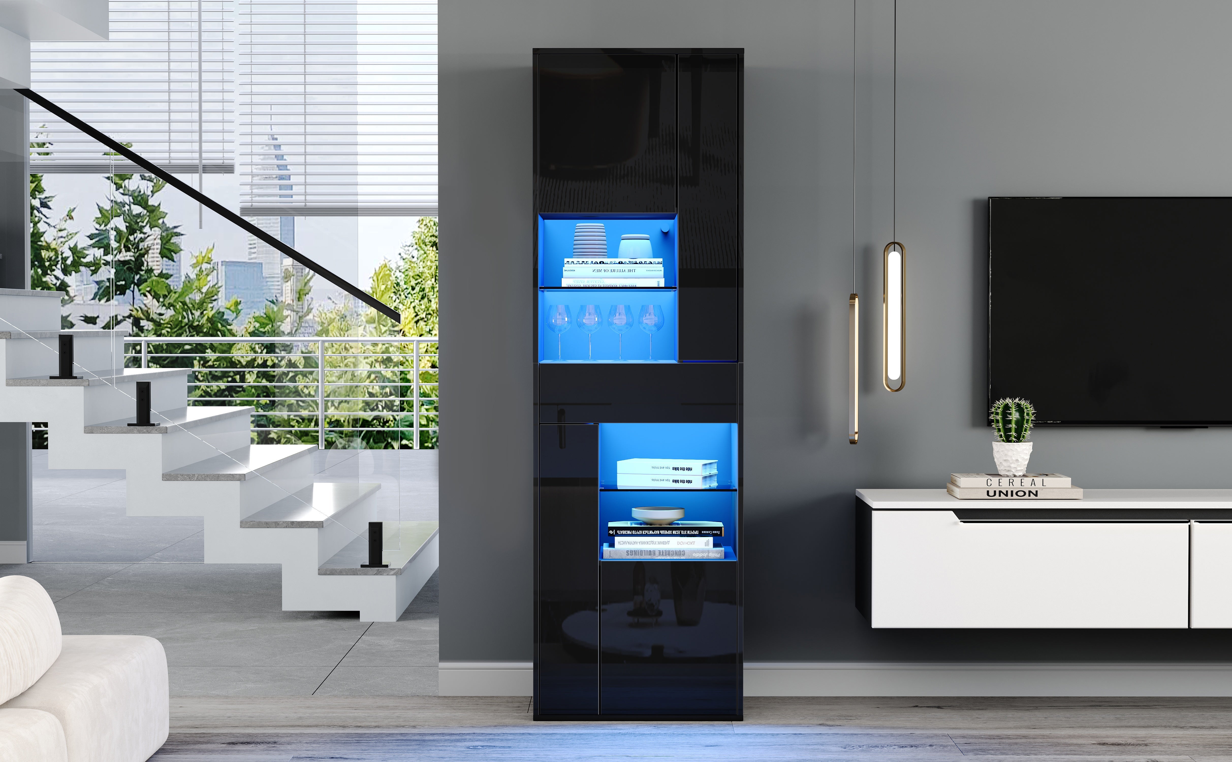 Logidon zwarte hoogglans glazen vitrine 55 x 38 x 170 cm LED-verlichting