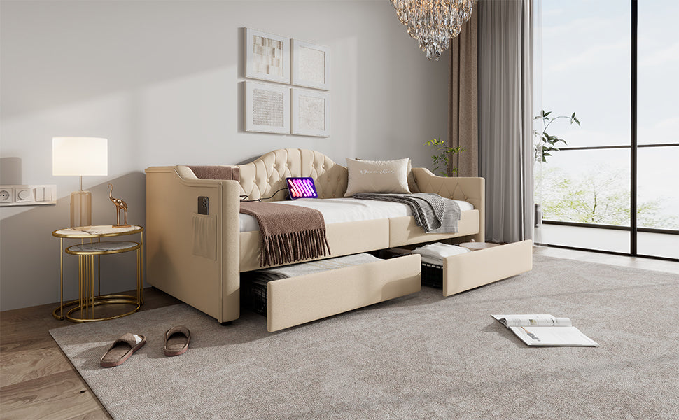 Logidon gestoffeerde slaapbank 90x200 beige USB-oplaadfunctie 2 compartimenten