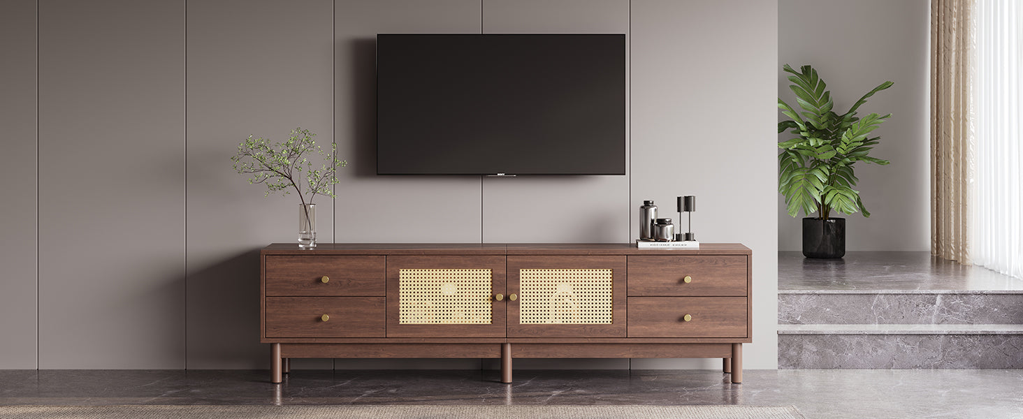 Logidon TV cabinet 180 cm dark wood look rattan doors cable management