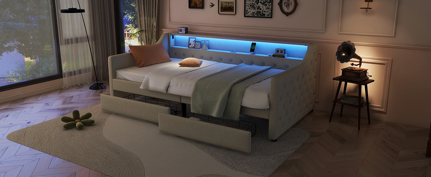 Logidon Daybed 90x200 beige slaapbank met lattenbodem USB-oplaadaansluiting