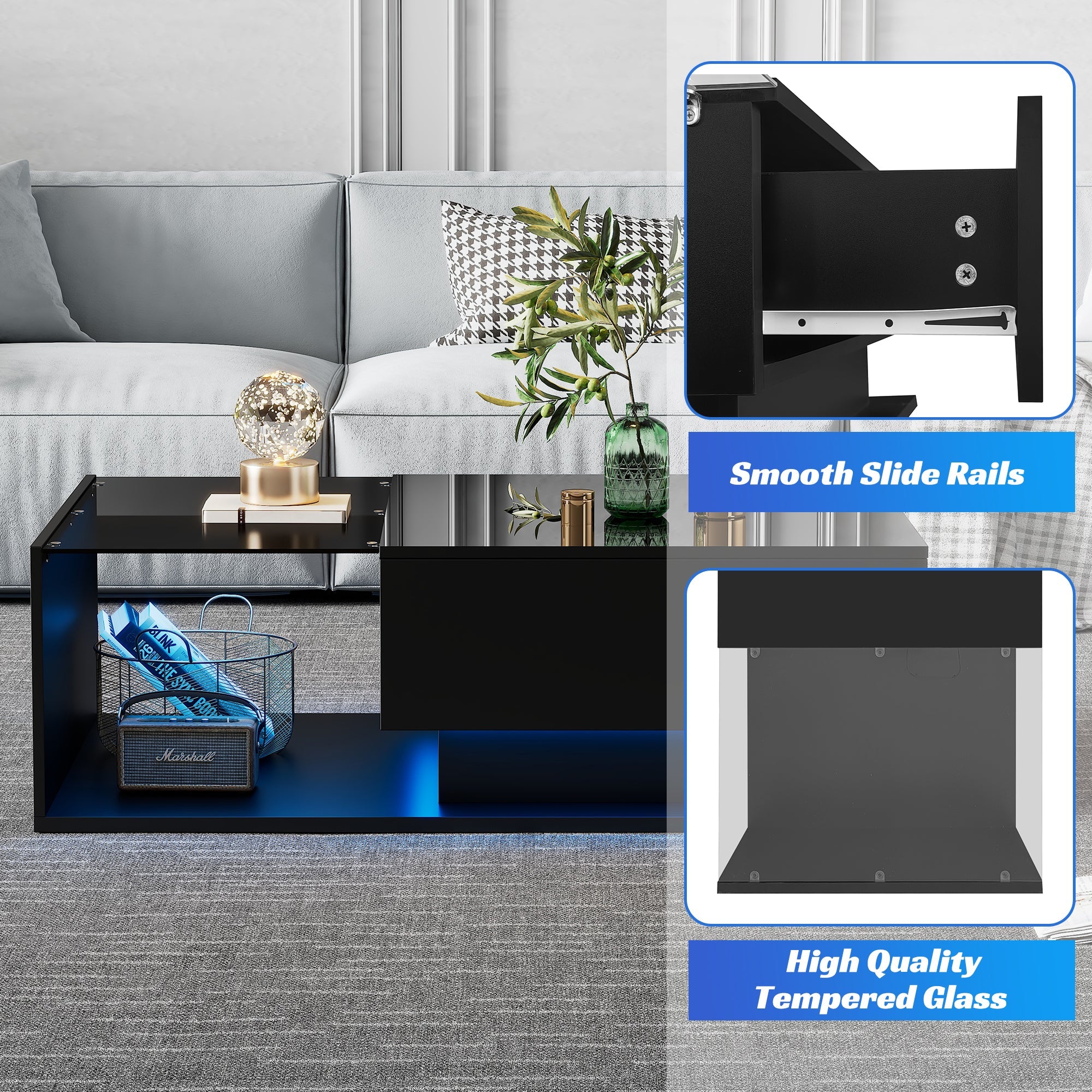 Logidon hoogglans zwarte salontafel 100x50x32 cm met glazen blad LED